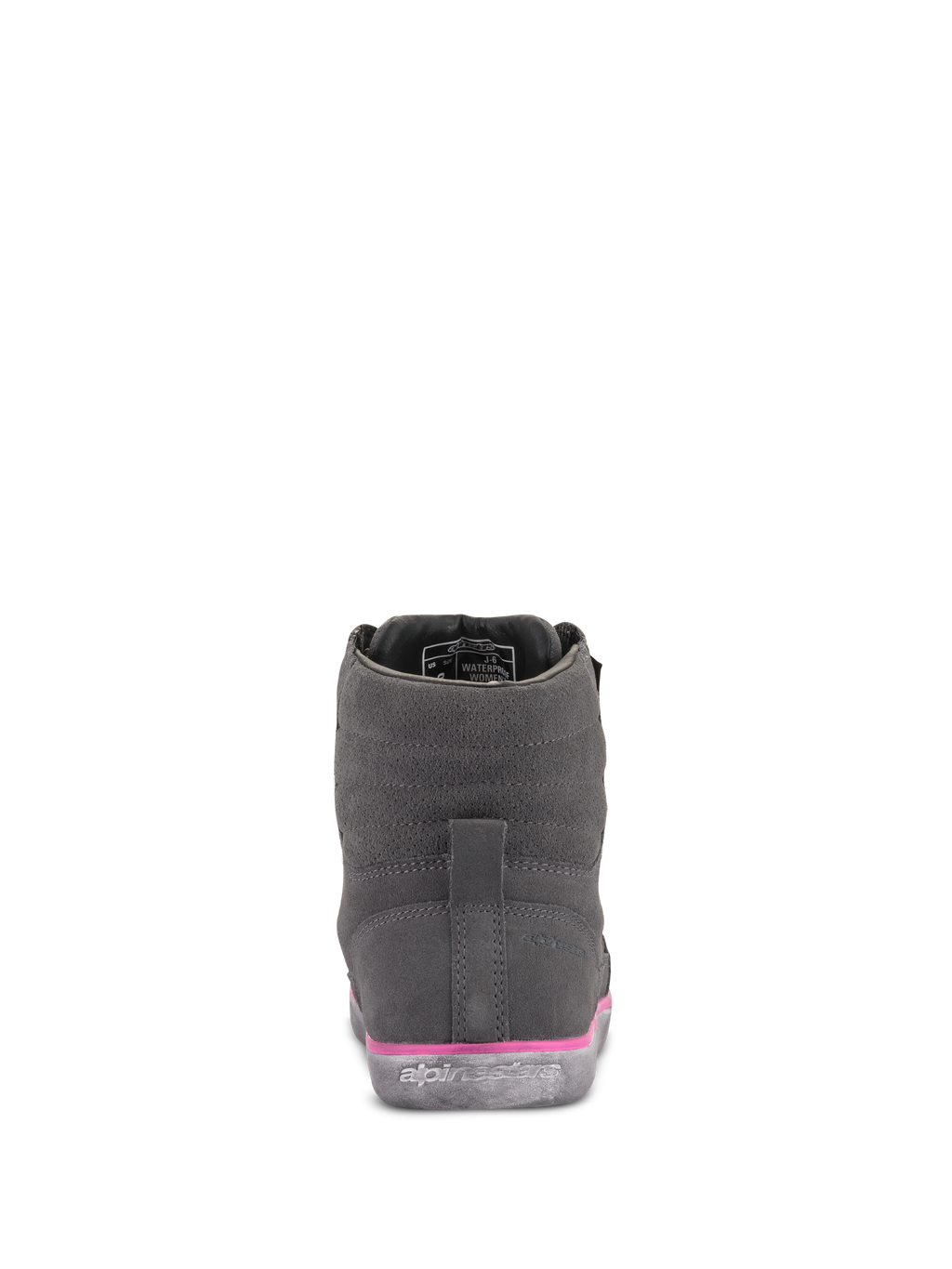 Alpinestars J-6 Waterproof körskor för damer, grå och fuchsia, vy bakifrån, ovandel i mocka med rosa detalj på mellansulan och präglad logotyp på gummisulan, urbana motorcykelskor