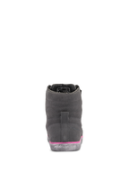 Alpinestars J-6 Waterproof körskor för damer, grå och fuchsia, vy bakifrån, ovandel i mocka med rosa detalj på mellansulan och präglad logotyp på gummisulan, urbana motorcykelskor