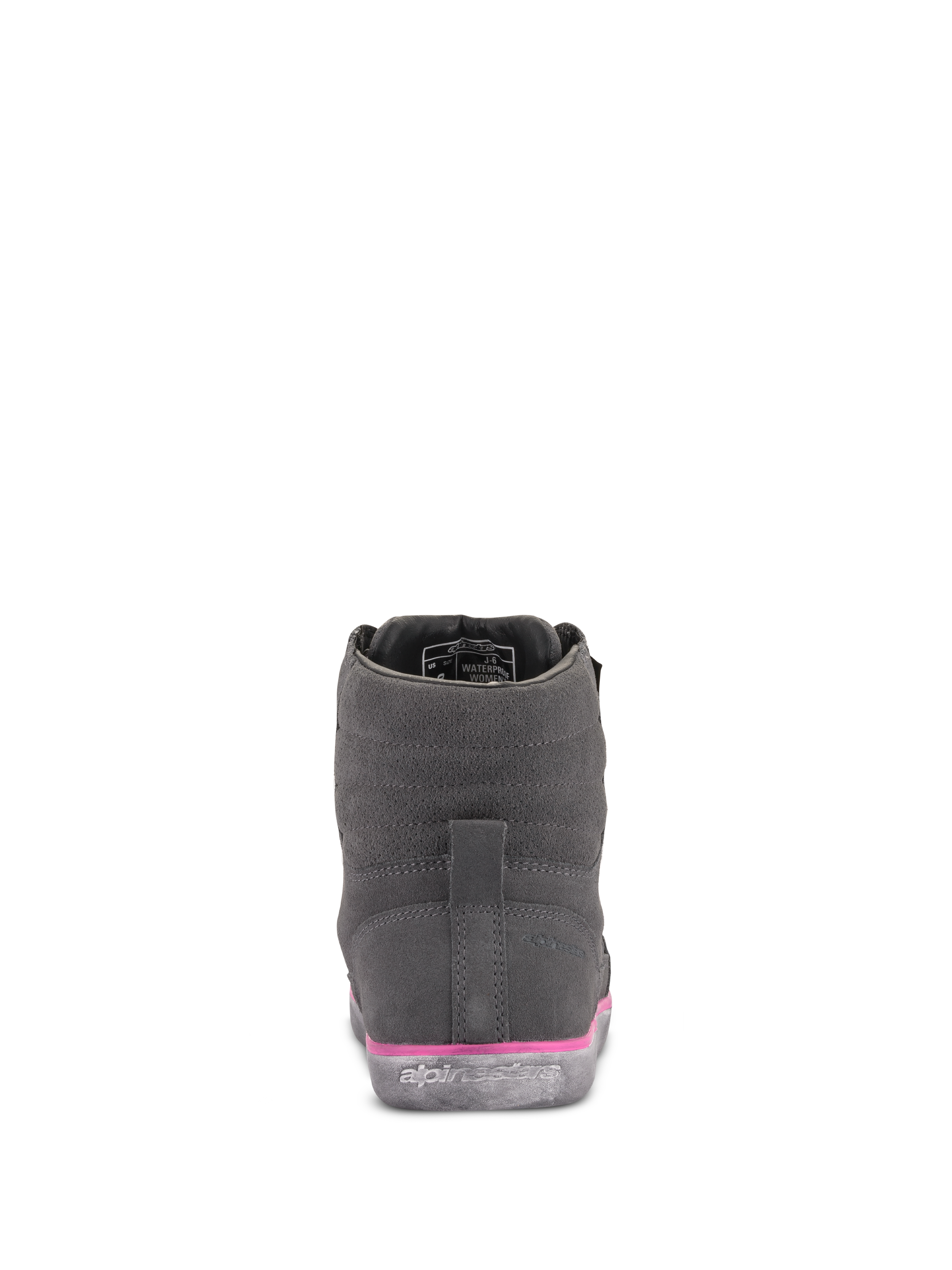 Alpinestars J-6 Waterproof körskor för damer, grå och fuchsia, vy bakifrån, ovandel i mocka med rosa detalj på mellansulan och präglad logotyp på gummisulan, urbana motorcykelskor