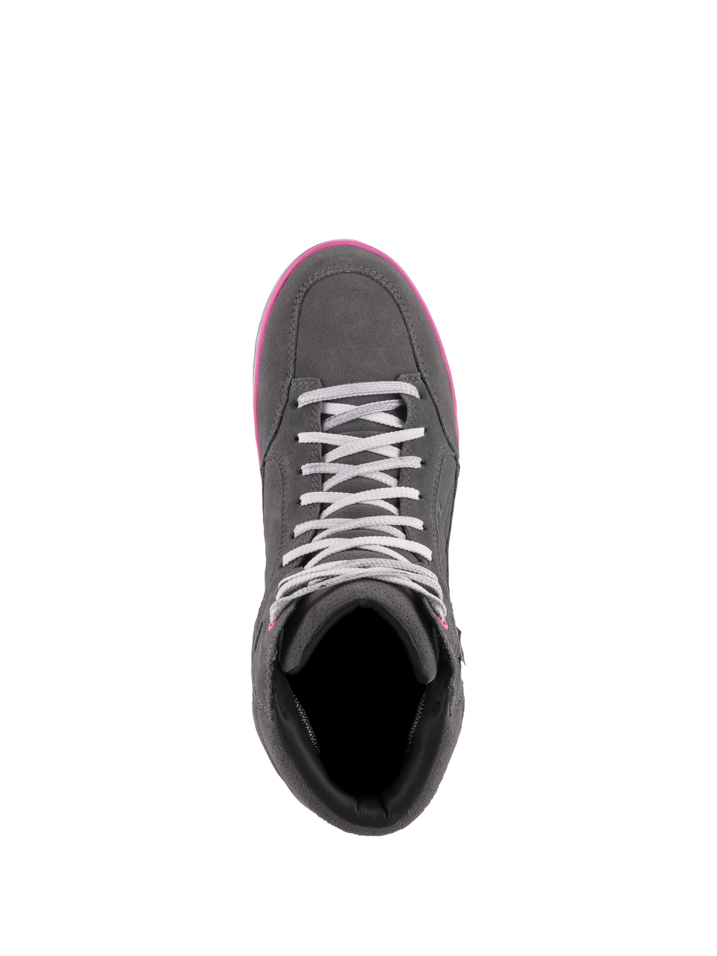Alpinestars J-6 Waterproof damskor, körskor, grå och fuchsia, vy uppifrån som visar mocka- och läderkonstruktion, ljusgrå skosnören och klarrosa sulkant.