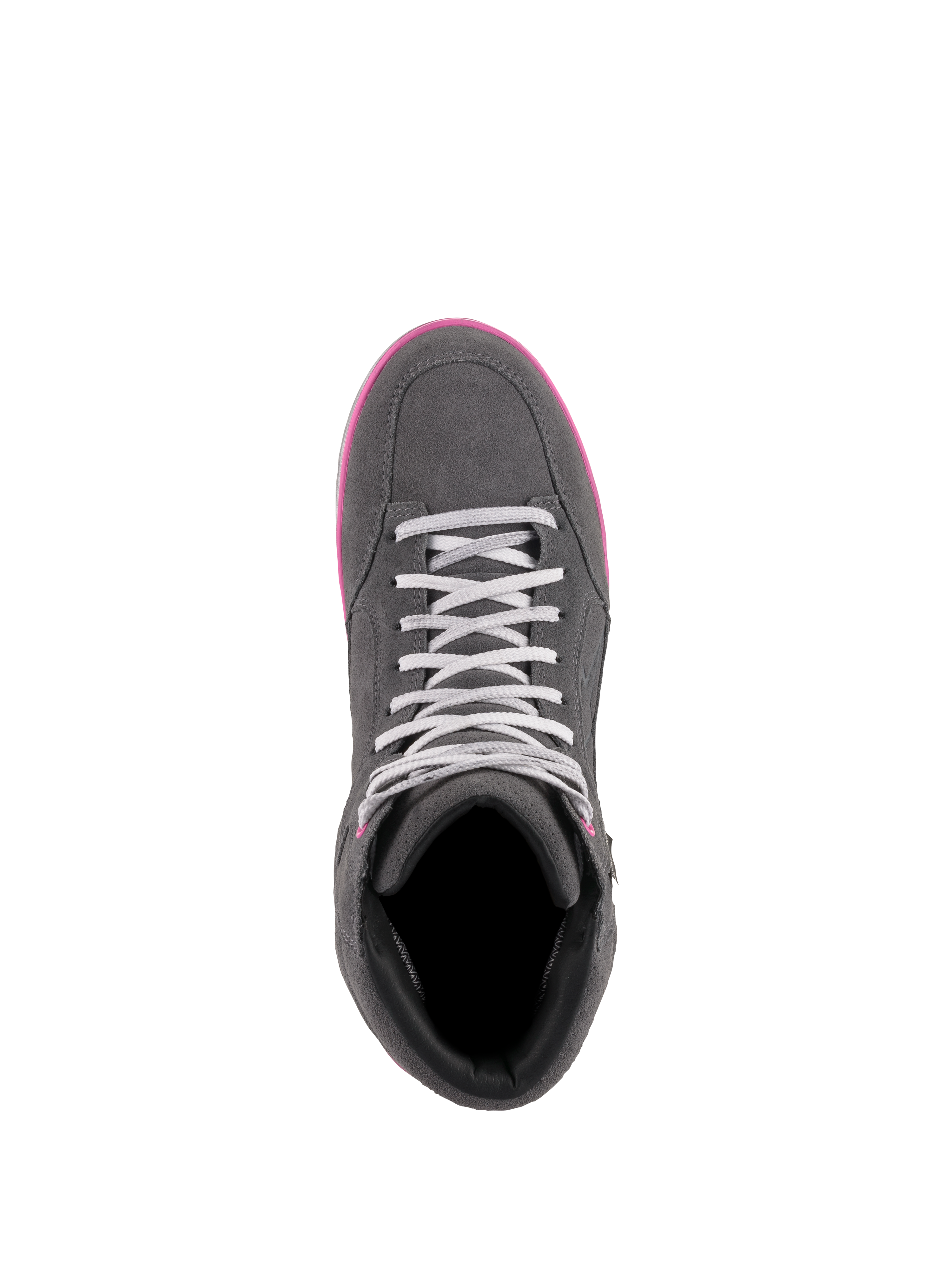 Alpinestars J-6 Waterproof damskor, körskor, grå och fuchsia, vy uppifrån som visar mocka- och läderkonstruktion, ljusgrå skosnören och klarrosa sulkant.