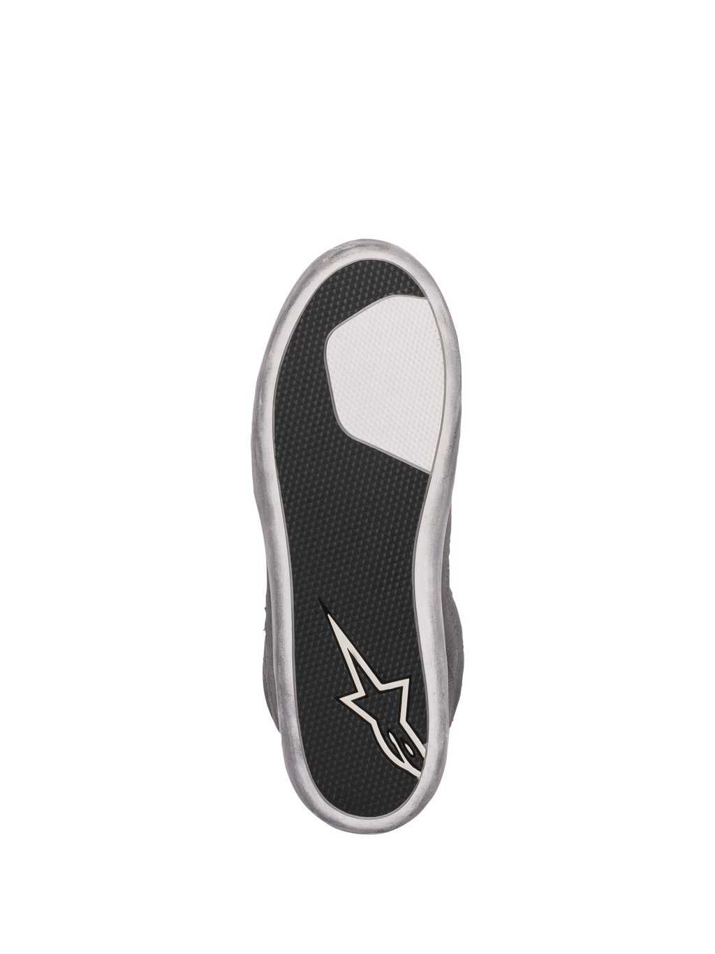 Alpinestars J-6 Waterproof damskor, vy av yttersula, svart texturerad gummisula med vit insats och Alpinestars stjärnlogotyp på hälen, silvergrå kant, slitstark greppdesign