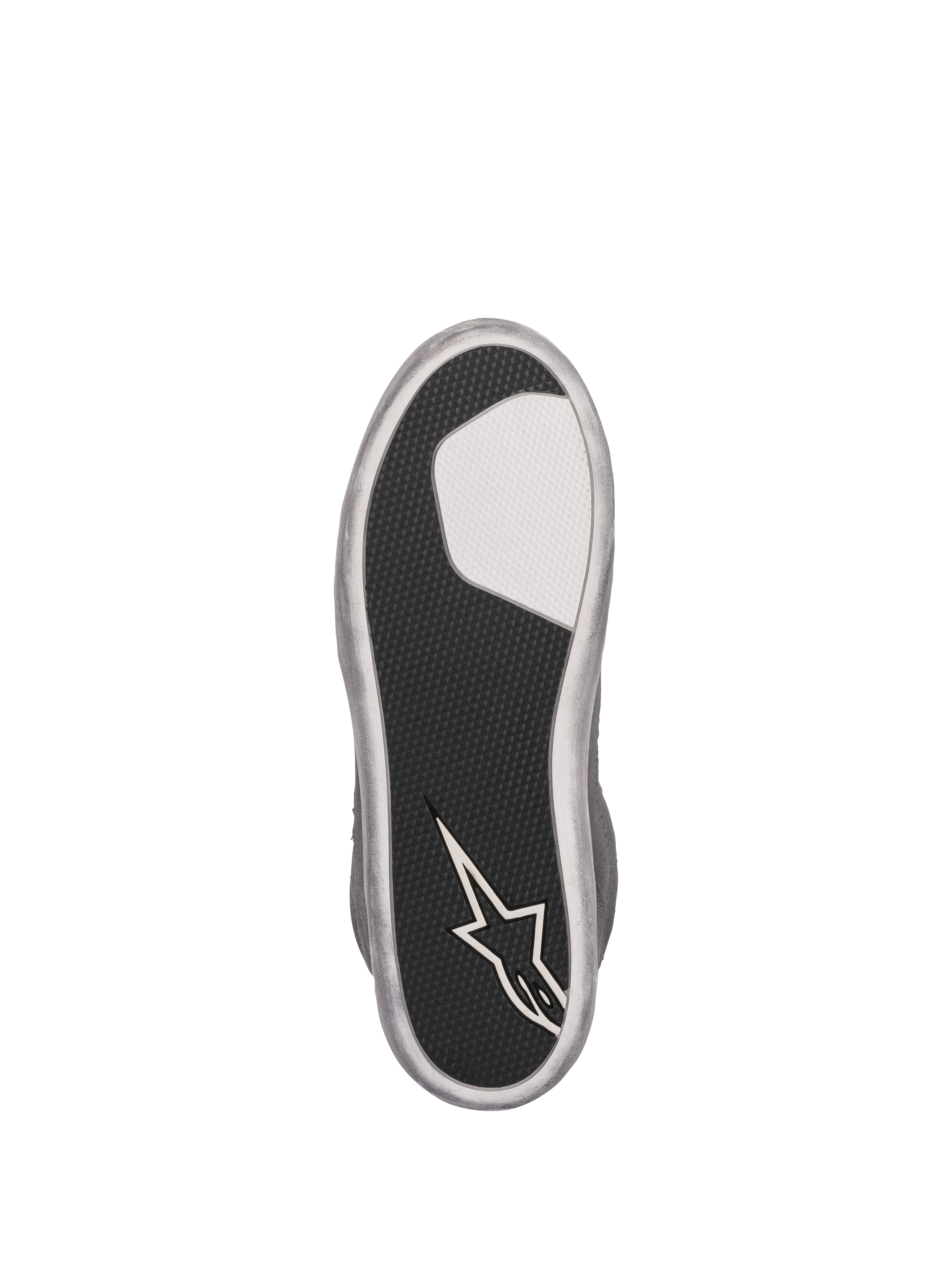 Alpinestars J-6 Waterproof damskor, vy av yttersula, svart texturerad gummisula med vit insats och Alpinestars stjärnlogotyp på hälen, silvergrå kant, slitstark greppdesign