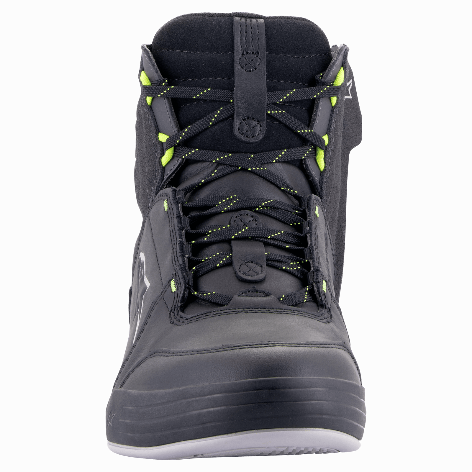 A pair of Chrome Drystar® Shoes by Alpinestars EU in black and dark gray with yellow fluo accents. These high-top shoes feature a logo resembling a stylized star on the sides and a decorative graphic detail near the heel. Perfect for the urban rider, they are laced up and set against a white background.