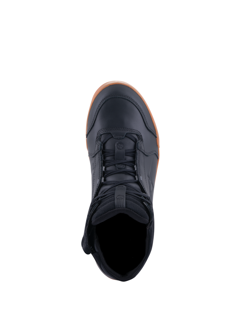 Alpinestars Chrome Drystar®-skor, motorcykelskor, svart och gum, vy uppifrån som visar snörning och vadderad krage, avslappnad urban design med ovandel i läder och gummisula