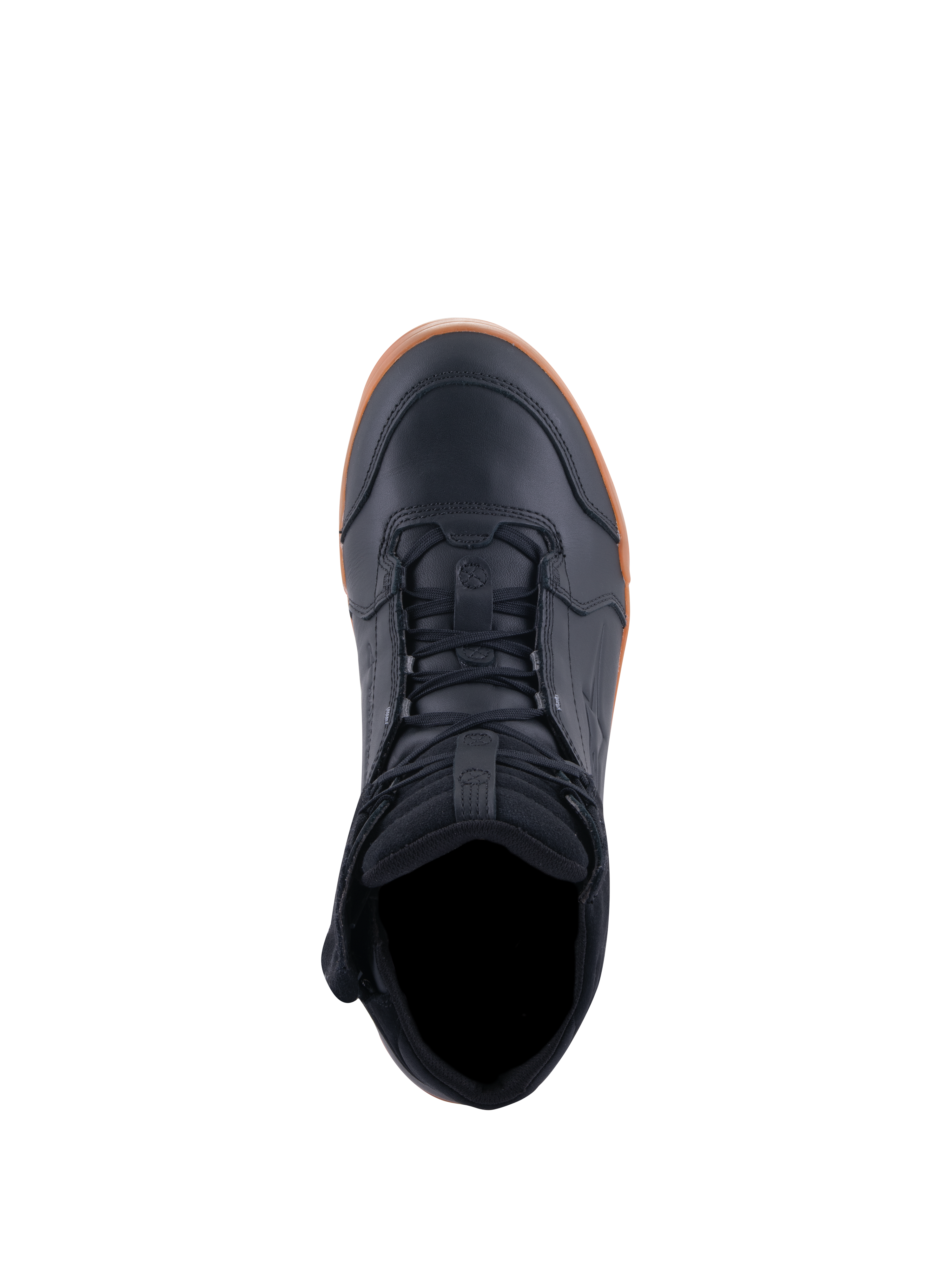Alpinestars Chrome Drystar®-skor, motorcykelskor, svart och gum, vy uppifrån som visar snörning och vadderad krage, avslappnad urban design med ovandel i läder och gummisula