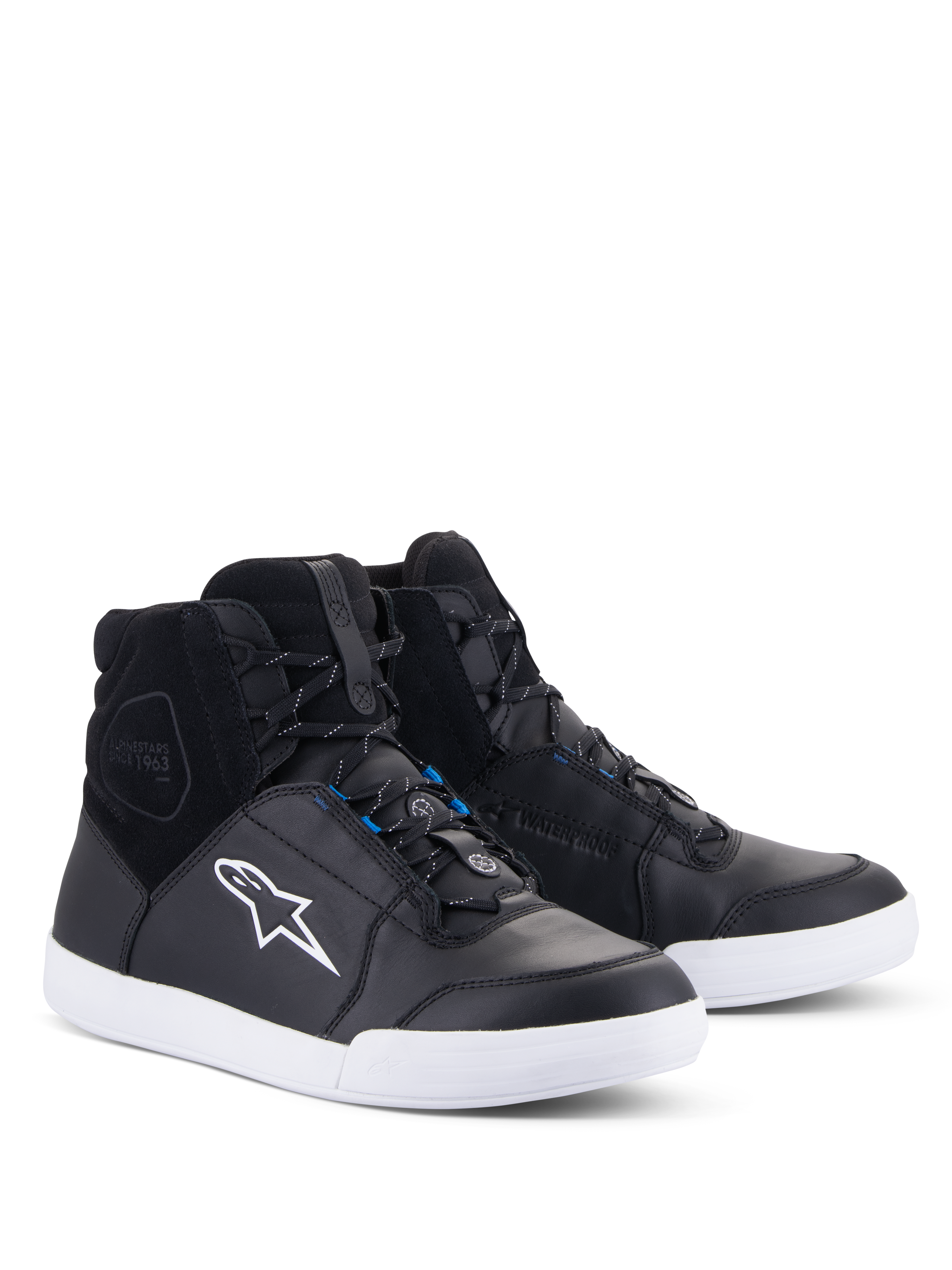 Alpinestars Chrome Drystar® Shoes, Urban Motorcycle Riding Shoes, Black and White with Blue accents, high-top sneaker design featuring leather and suede upper, white contrast sole and white Astars logo, waterproof footwear for street riding