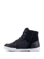 Alpinestars Chrome Drystar® Shoes, Urban Motorcycle Riding Shoes, Black and White with Blue accents, leather and suede upper, side zipper, white sole, waterproof branding, casual high-top sneaker style