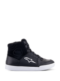 Alpinestars Chrome Drystar Shoes, Black high-top motorcycle sneakers with a white star logo and sole, waterproof leather and suede upper, urban riding footwear featuring a padded ankle collar