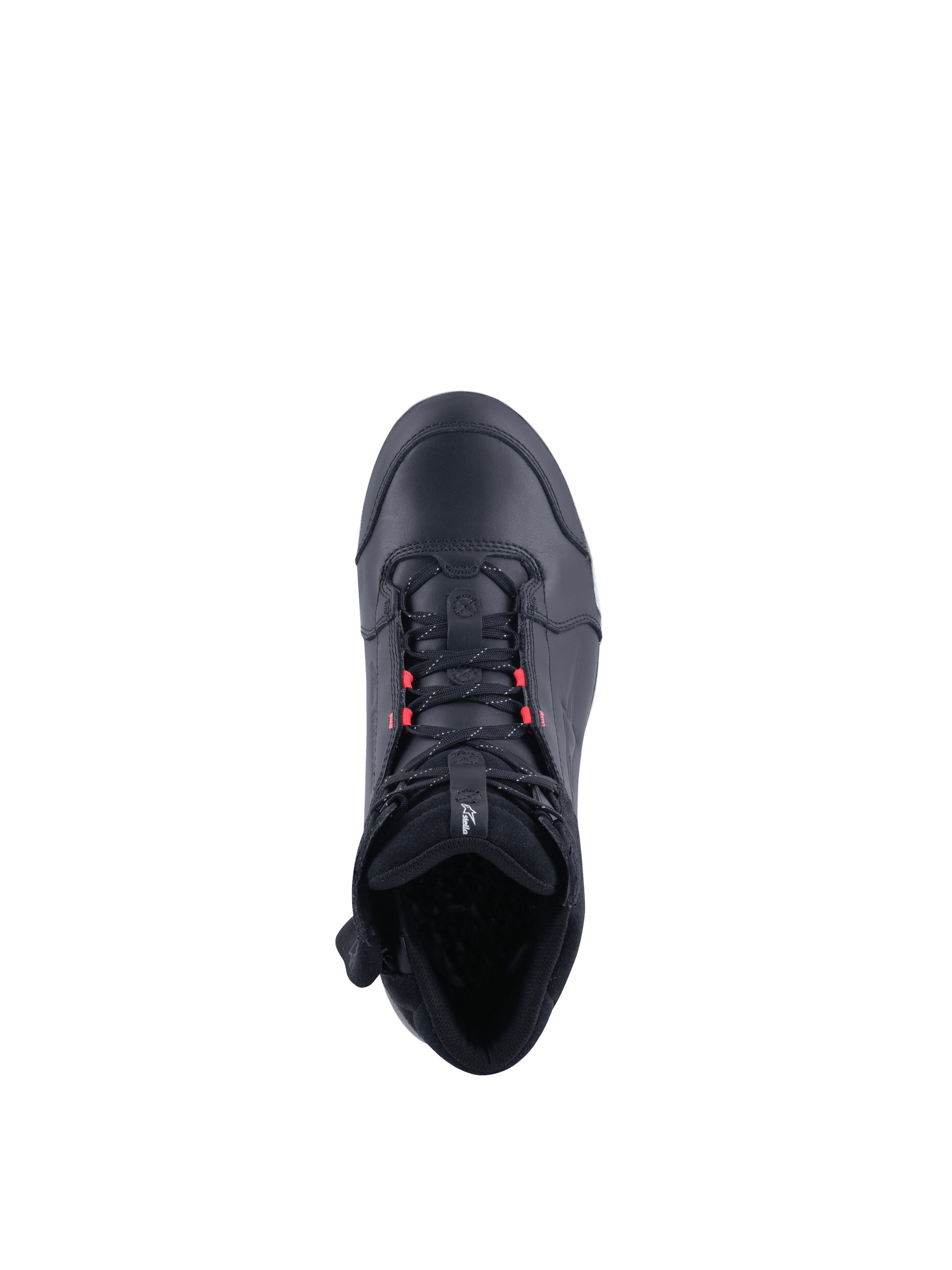 Alpinestars Stella Chrome Drystar Women's Riding Shoes, waterproof black leather motorcycle sneakers with pink accents, top view.
