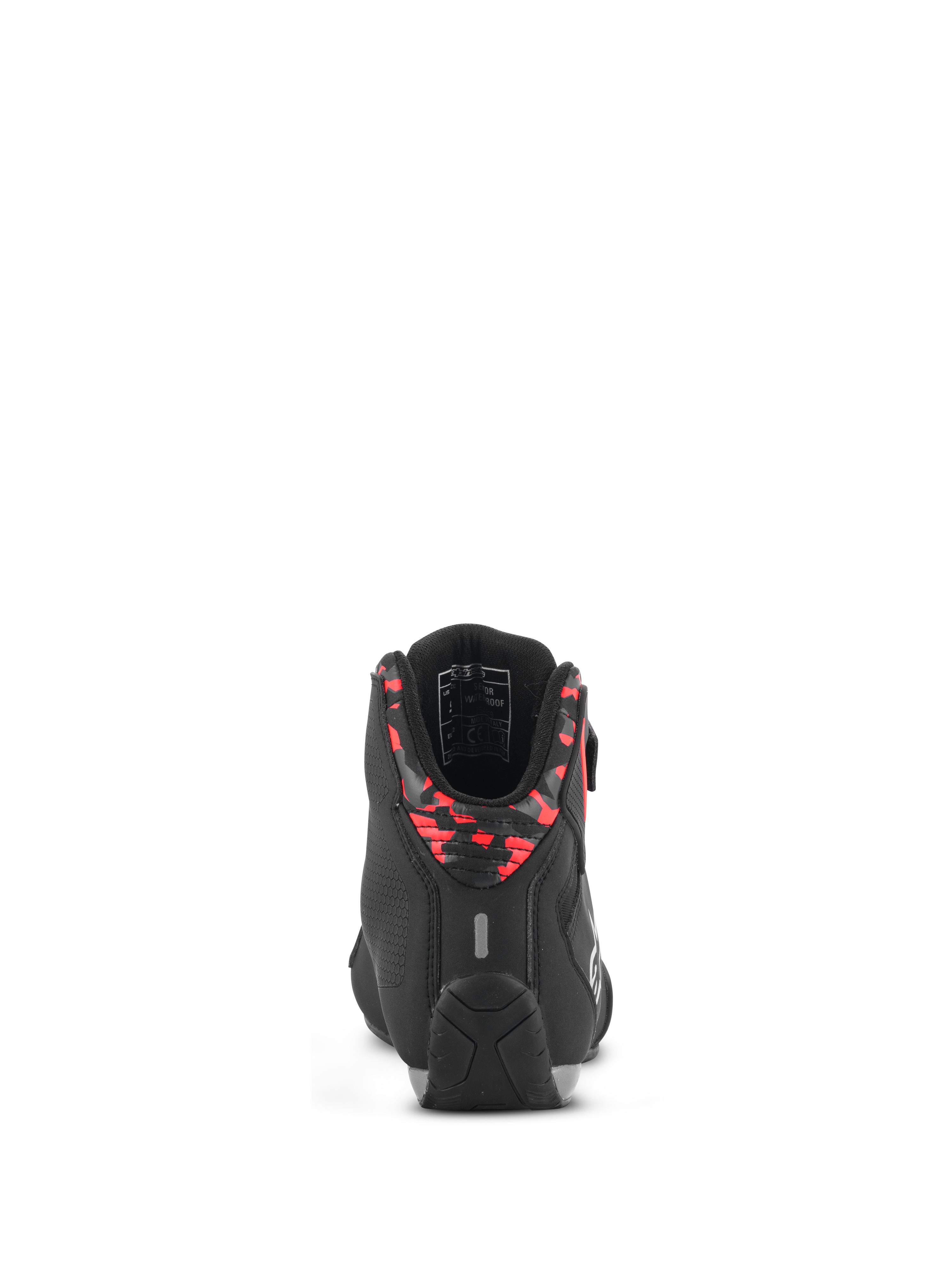 Alpinestars Sektor Waterproof Shoes, motorcykelskor, svarta, mörkgrå och neonröda, vy bakifrån som visar den mönstrade hälkragen, reflexflik och slitstark gummisula, lätt mikrofiberkonstruktion