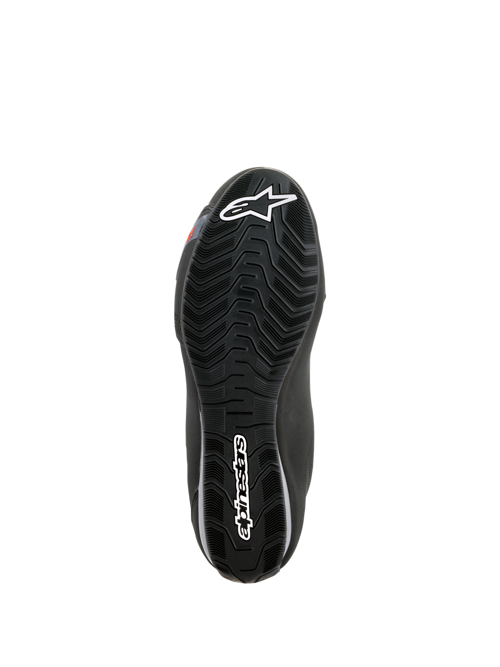 Alpinestars Sektor Waterproof-skor, vy av undersidan, svart gummisula med vågmönstrat mönster för vattenavrinning, vit Astars-logotyp och Alpinestars-varumärke, designad för grepp och stöd för motorcykelns fotpinnar