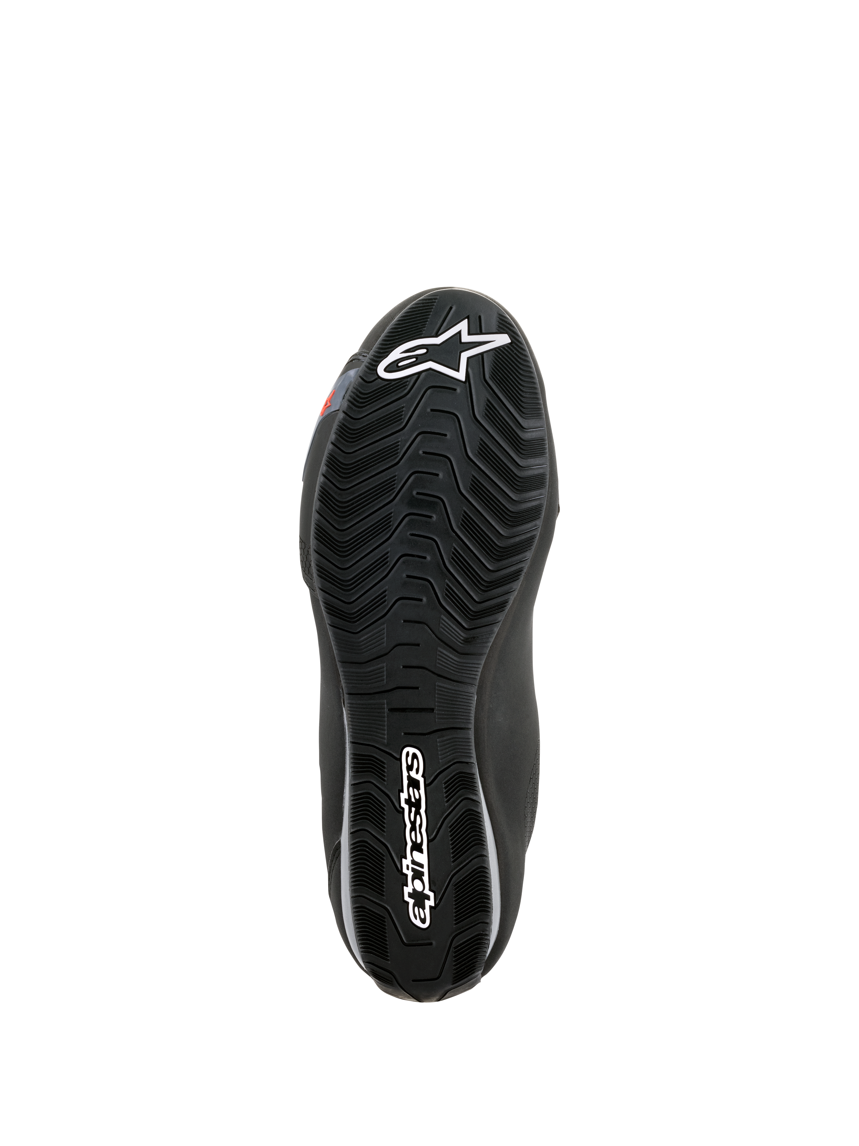 Alpinestars Sektor Waterproof-skor, vy av undersidan, svart gummisula med vågmönstrat mönster för vattenavrinning, vit Astars-logotyp och Alpinestars-varumärke, designad för grepp och stöd för motorcykelns fotpinnar