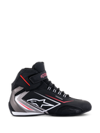Alpinestars Sektor Waterproof Shoes, side profile, Black with Gray and White accents and red details, featuring laces, a Velcro ankle strap, Alpinestars logo, and 'Waterproof' branding, sleek motorcycle riding footwear.