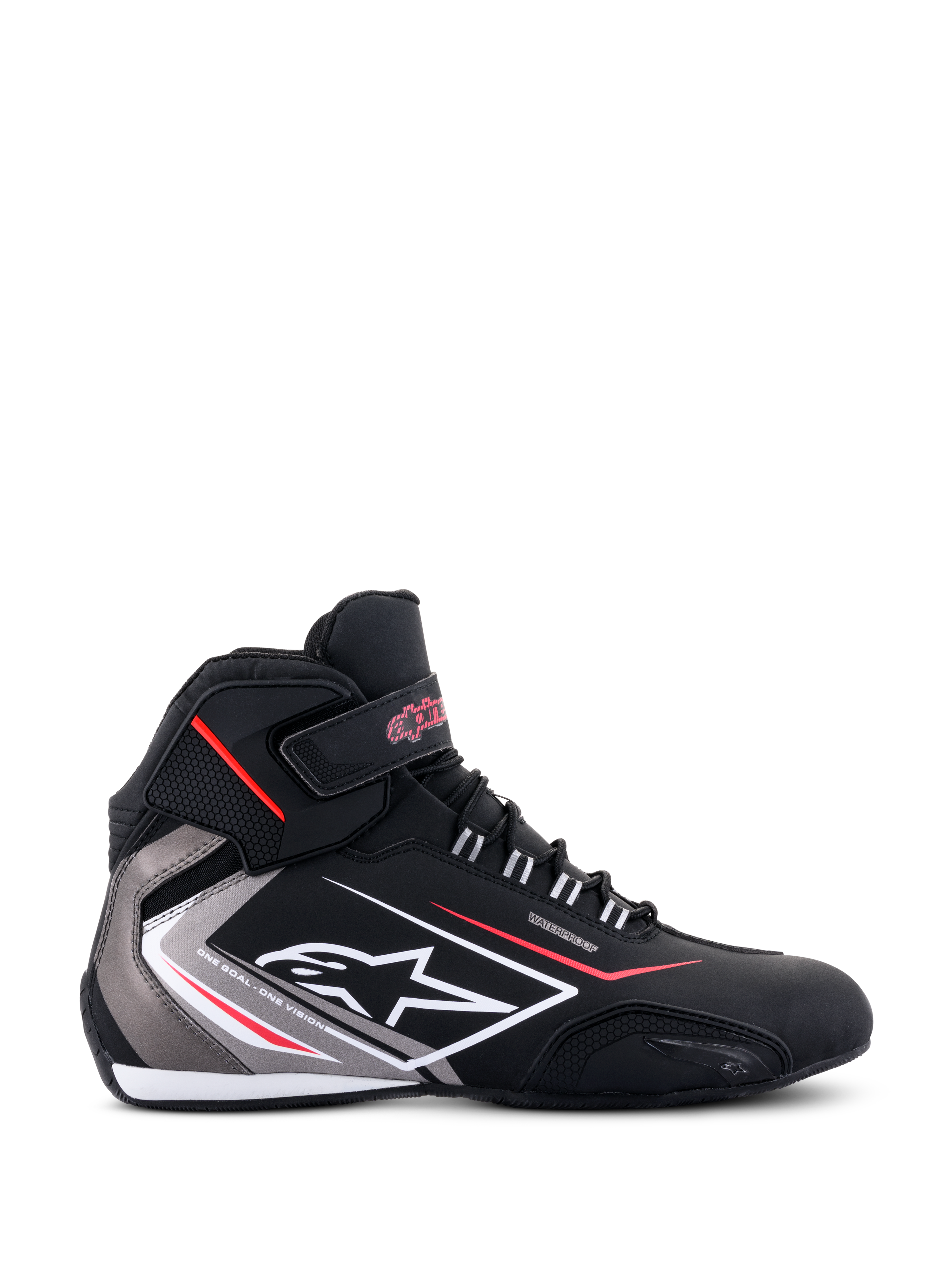 Alpinestars Sektor Waterproof Shoes, side profile, Black with Gray and White accents and red details, featuring laces, a Velcro ankle strap, Alpinestars logo, and 'Waterproof' branding, sleek motorcycle riding footwear.