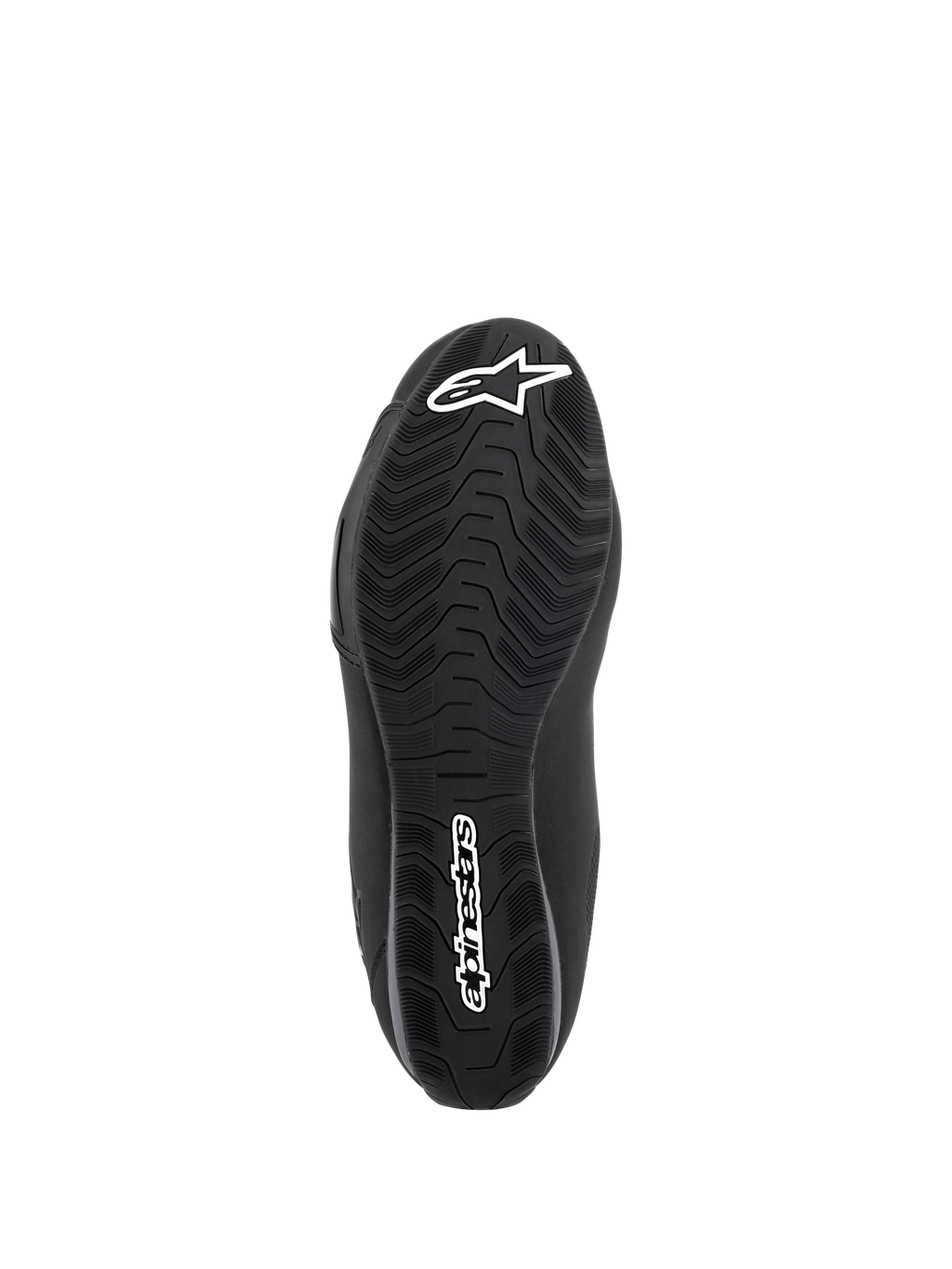Alpinestars Sektor Waterproof-skor, svarta, vy av gummiblandningssulans undersida med ett specialutvecklat mönster för vattenavrinning och grepp, vit stjärnlogotyp och Alpinestars ordmärkeslogotyp.