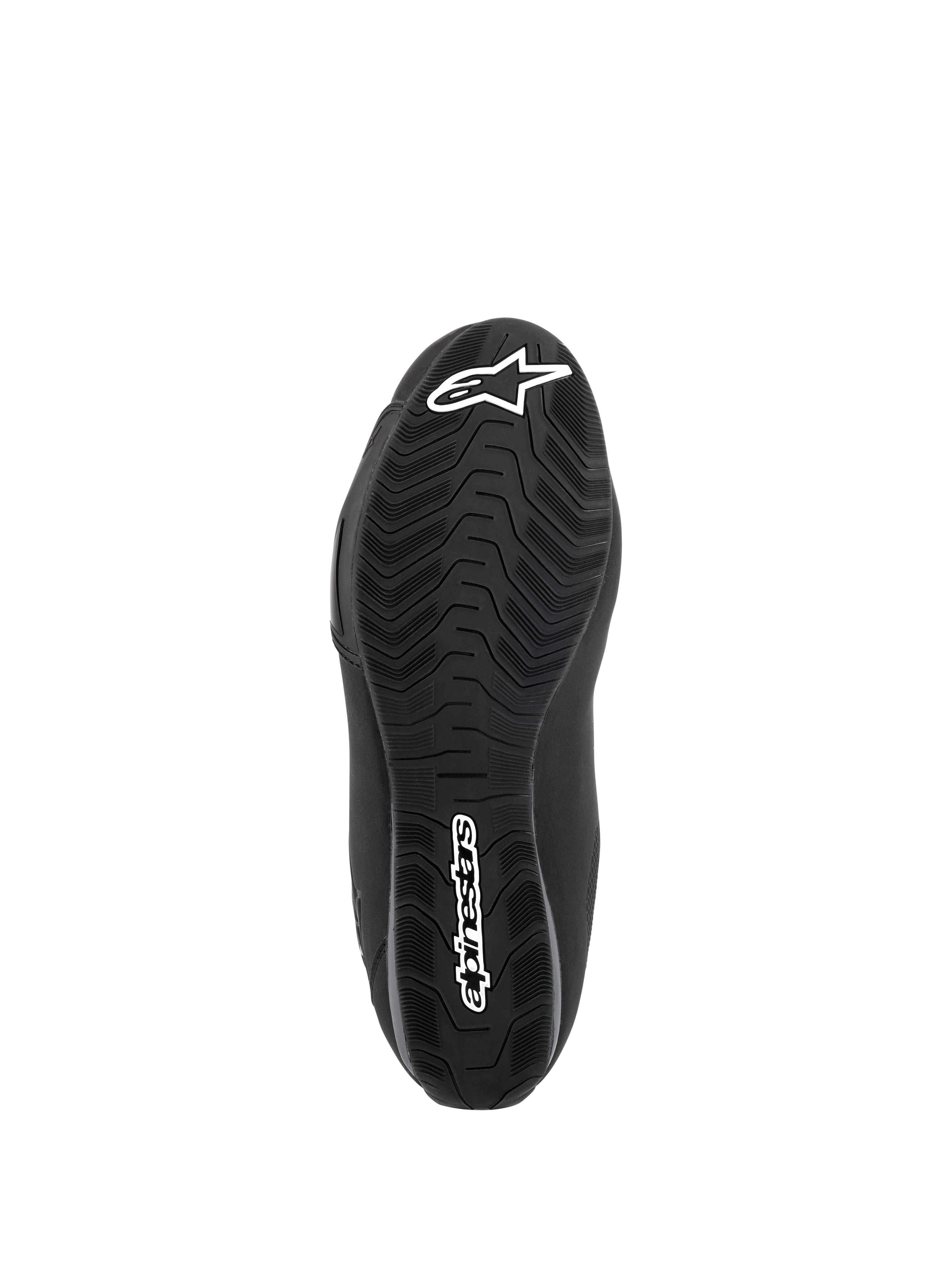 Alpinestars Sektor Waterproof-skor, svarta, vy av gummiblandningssulans undersida med ett specialutvecklat mönster för vattenavrinning och grepp, vit stjärnlogotyp och Alpinestars ordmärkeslogotyp.