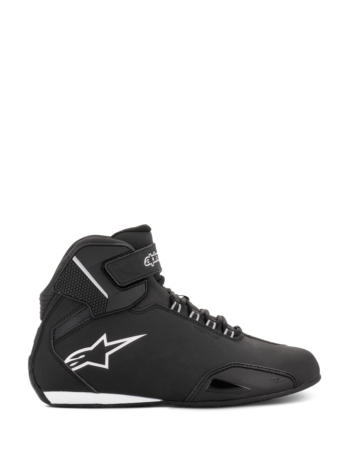 Alpinestars Stella Sektor Waterproof skor för dam, svarta och silverfärgade, sidoprofil av en hög motorcykelsko med en lätt huvudkonstruktion i mikrofiber, vit Astars-logotyp och säker stängning med snörning och rem