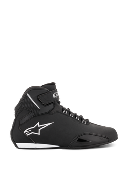 Alpinestars Women Stella Sektor Waterproof Shoes, Black and Silver, side profile of a high-top motorcycle riding shoe featuring a lightweight microfiber chassis, white Astars logo, and secure lace and strap closure