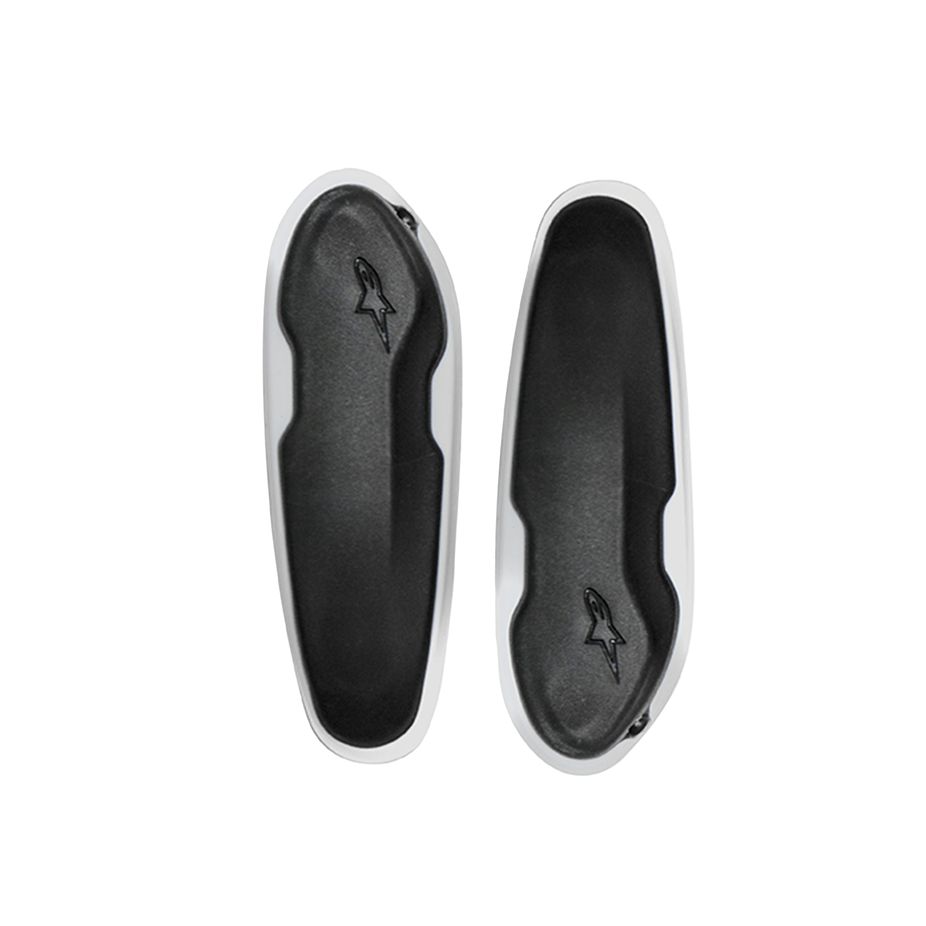 Alpinestars Toe Slider, utbytes-sliders för motorcykelracingstövlar, svarta och vita, ovala skyddsdynor med präglad stjärnlogotyp, slitstarka metallreservdelar för racingstövlar