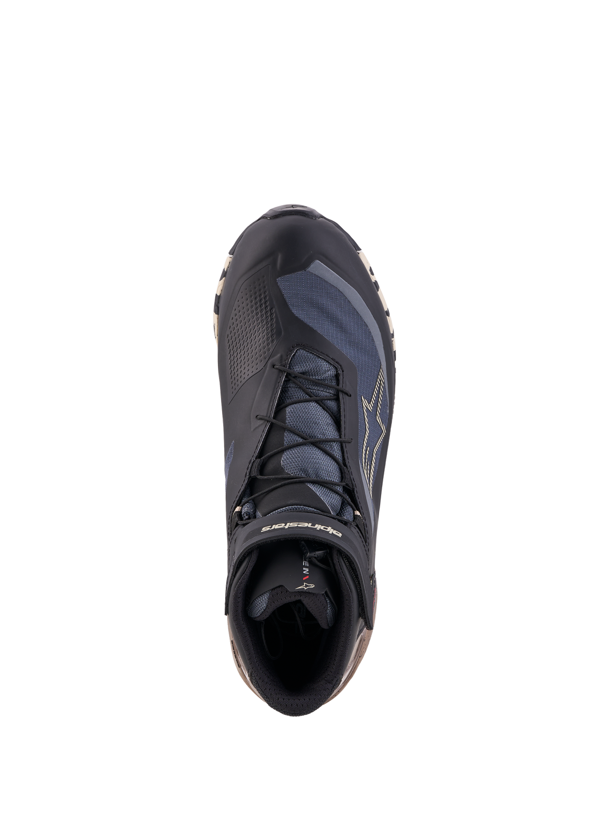 Alpinestars CR-X GORE-TEX skor, vattentäta motorcykelskor, ovifunktion uppifrån i svart, mörkgrått och beige med snabbsnörning