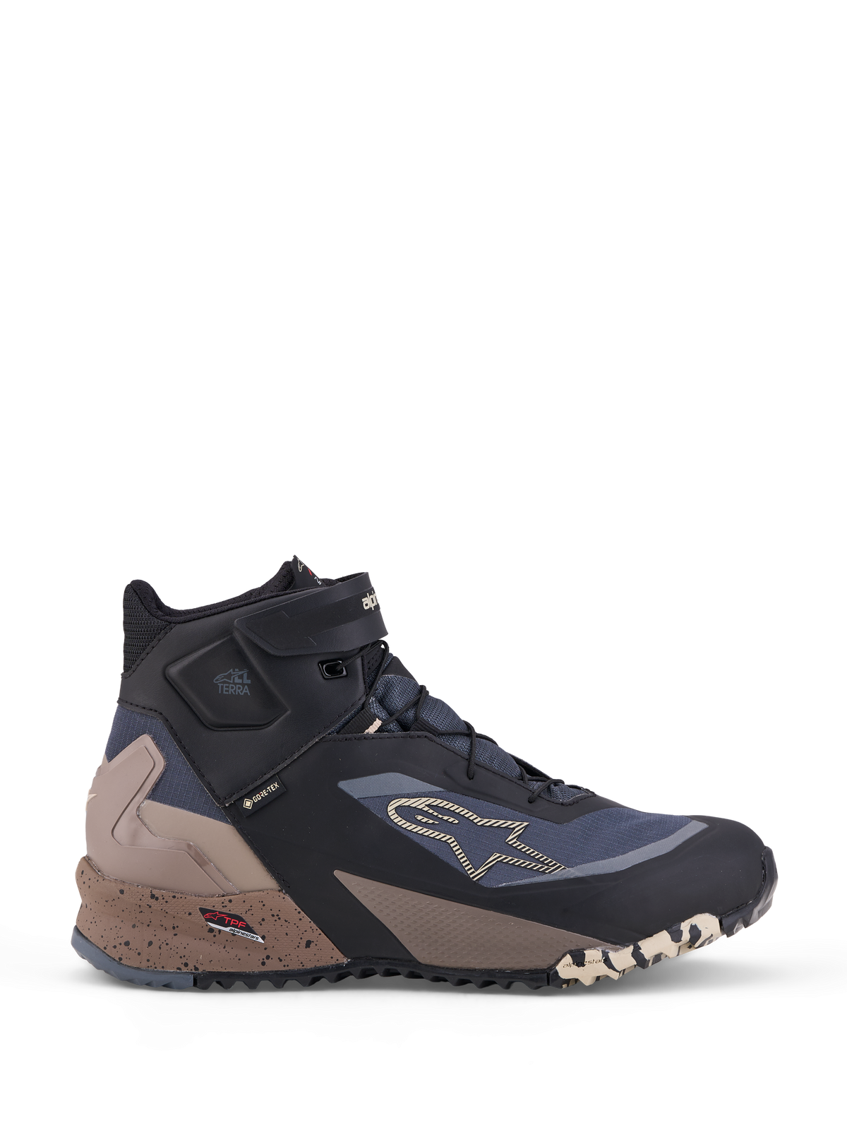 Alpinestars CR-X GORE-TEX skor, vattentäta motorcykelskor i svart, mörkgrått och beige, med Gore-Tex-membran, TPF-skydd och snörning med hög skaft