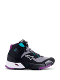 Alpinestars CR-X Women's Drystar® Riding Shoe, Black Gray Plum Teal, high-top motorcycle footwear, white Alpinestars logo on side, purple outsole and heel padding, teal accents on ankle strap and lace loops, sleek sporty design for touring and commuting