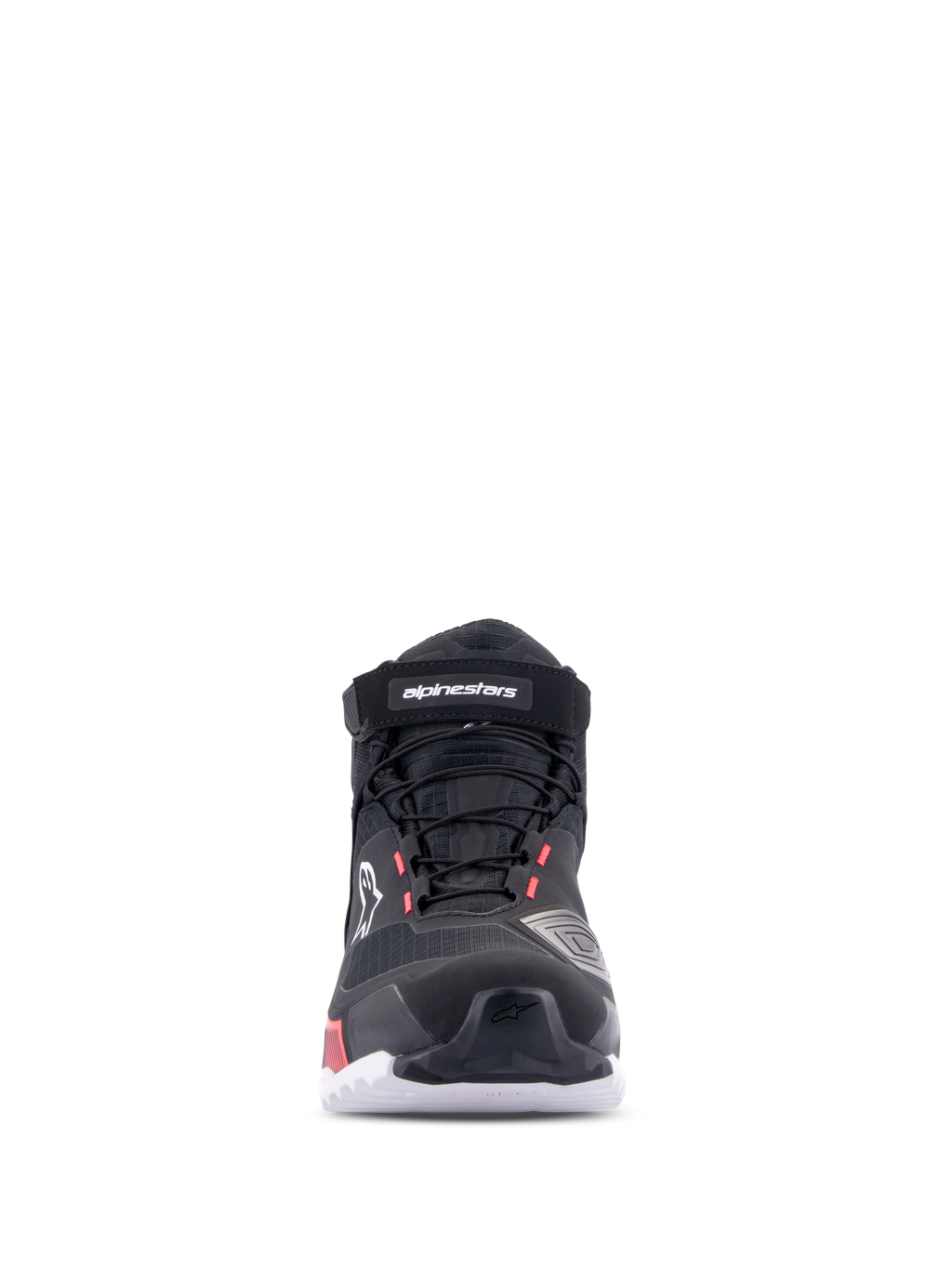 Alpinestars CR-X Women's Drystar® Riding Shoe, Black White Diva Pink, front view, waterproof motorcycle footwear with technical textile upper, laces, and velcro ankle strap, featuring white branding and diva pink accents.