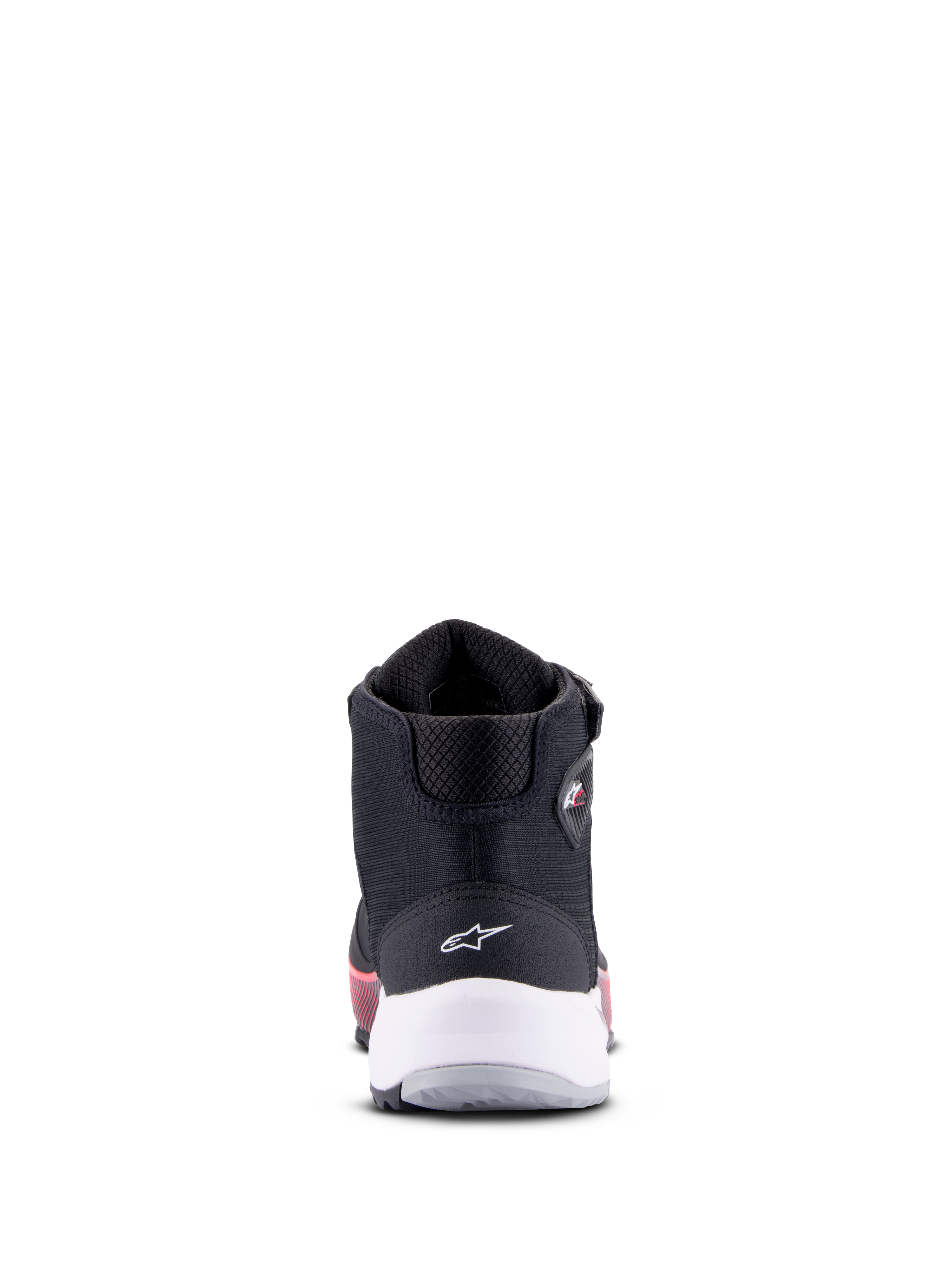 Alpinestars CR-X Women's Drystar Riding Shoe, Black White and Diva Pink, Rear view featuring white heel support and star logo, technical motorcycle footwear with pink accents on the sole