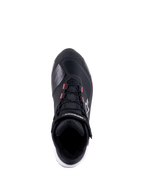Alpinestars CR-X Women's Drystar Riding Shoe, Black White and Diva Pink, top-down view featuring technical ripstop upper, pink accents on the lace eyelets, and Alpinestars branding on the ankle strap and side.