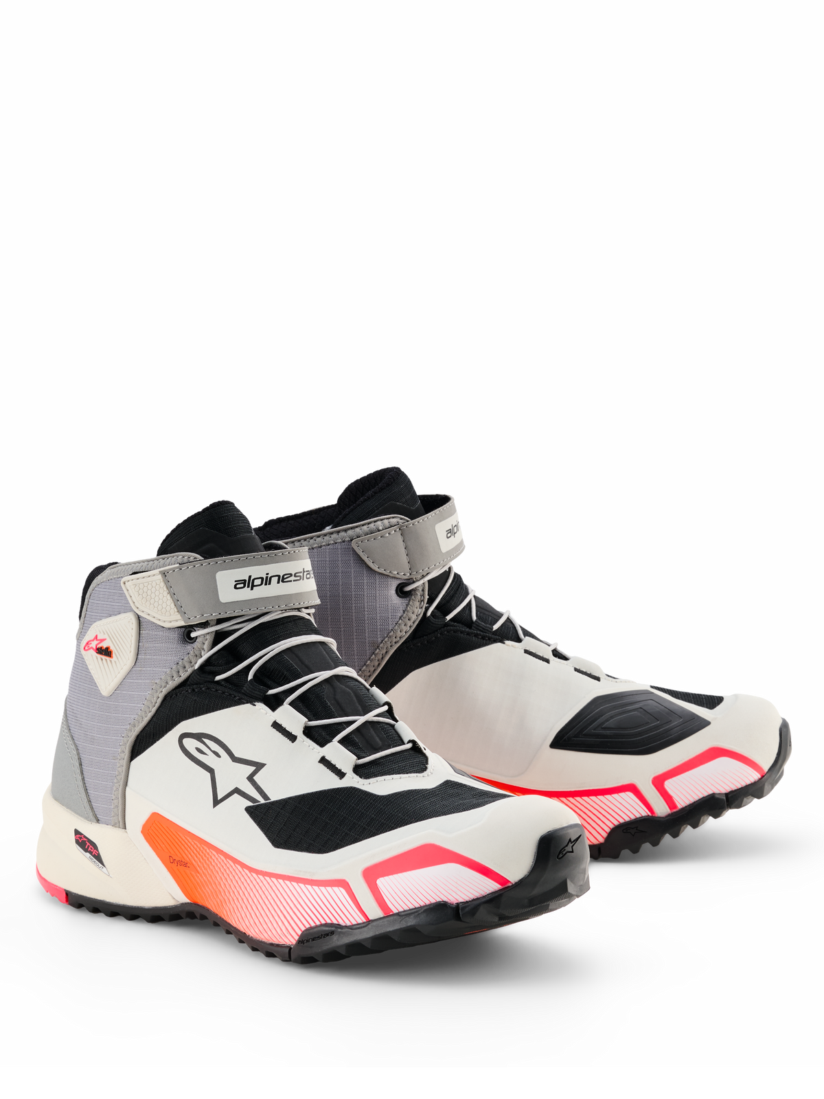 Alpinestars CR-X Drystar® mc-skor för dam, motorcykelskor, Vit Mellangrå Svart Diva Pink, smidig atletisk silhuett med livfulla rosa gradientdetaljer, kardborreband vid ankeln och Astar-logotyp på sidan, vattentäta skyddsskor för vägkörning