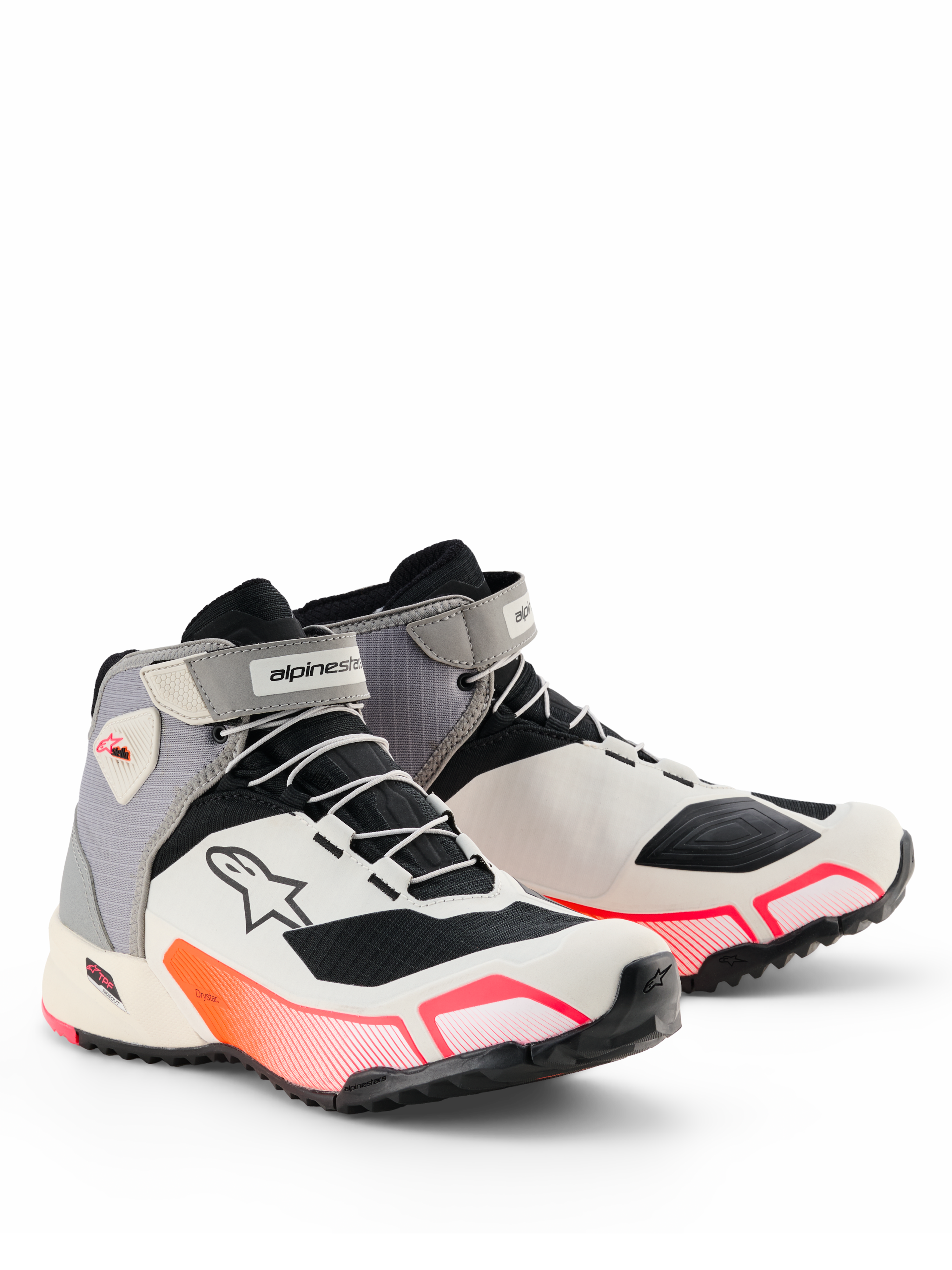 Alpinestars CR-X Drystar® mc-skor för dam, motorcykelskor, Vit Mellangrå Svart Diva Pink, smidig atletisk silhuett med livfulla rosa gradientdetaljer, kardborreband vid ankeln och Astar-logotyp på sidan, vattentäta skyddsskor för vägkörning