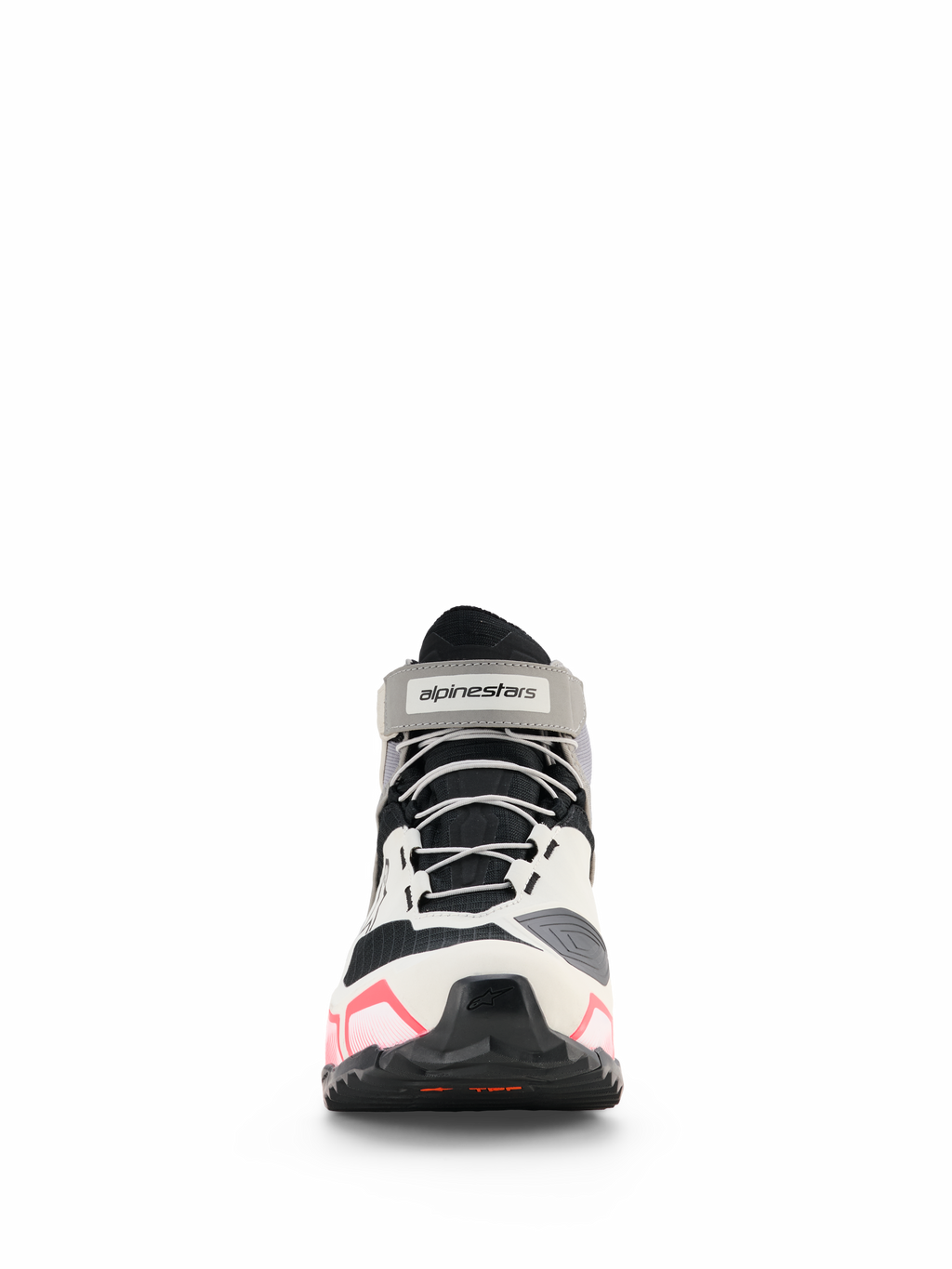 Alpinestars CR-X Dam Drystar® körskor, MC-skor för dam, vita, mellangrå och svarta med Diva Pink, vy framifrån med grå skosnören och vristrem med logotyp, atletisk design med rosa detaljer på sulan, vattentäta MC-skor