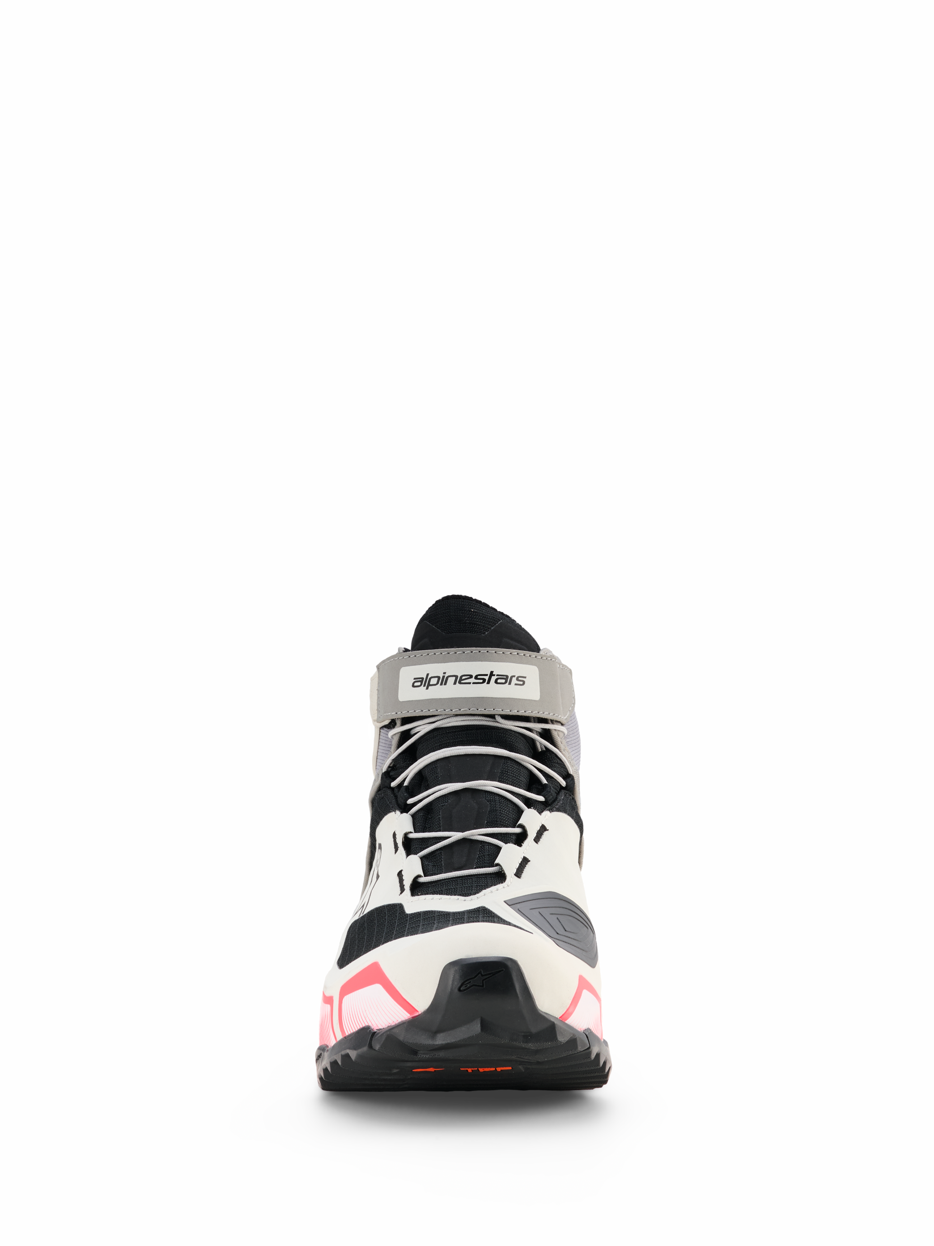 Alpinestars CR-X Dam Drystar® körskor, MC-skor för dam, vita, mellangrå och svarta med Diva Pink, vy framifrån med grå skosnören och vristrem med logotyp, atletisk design med rosa detaljer på sulan, vattentäta MC-skor