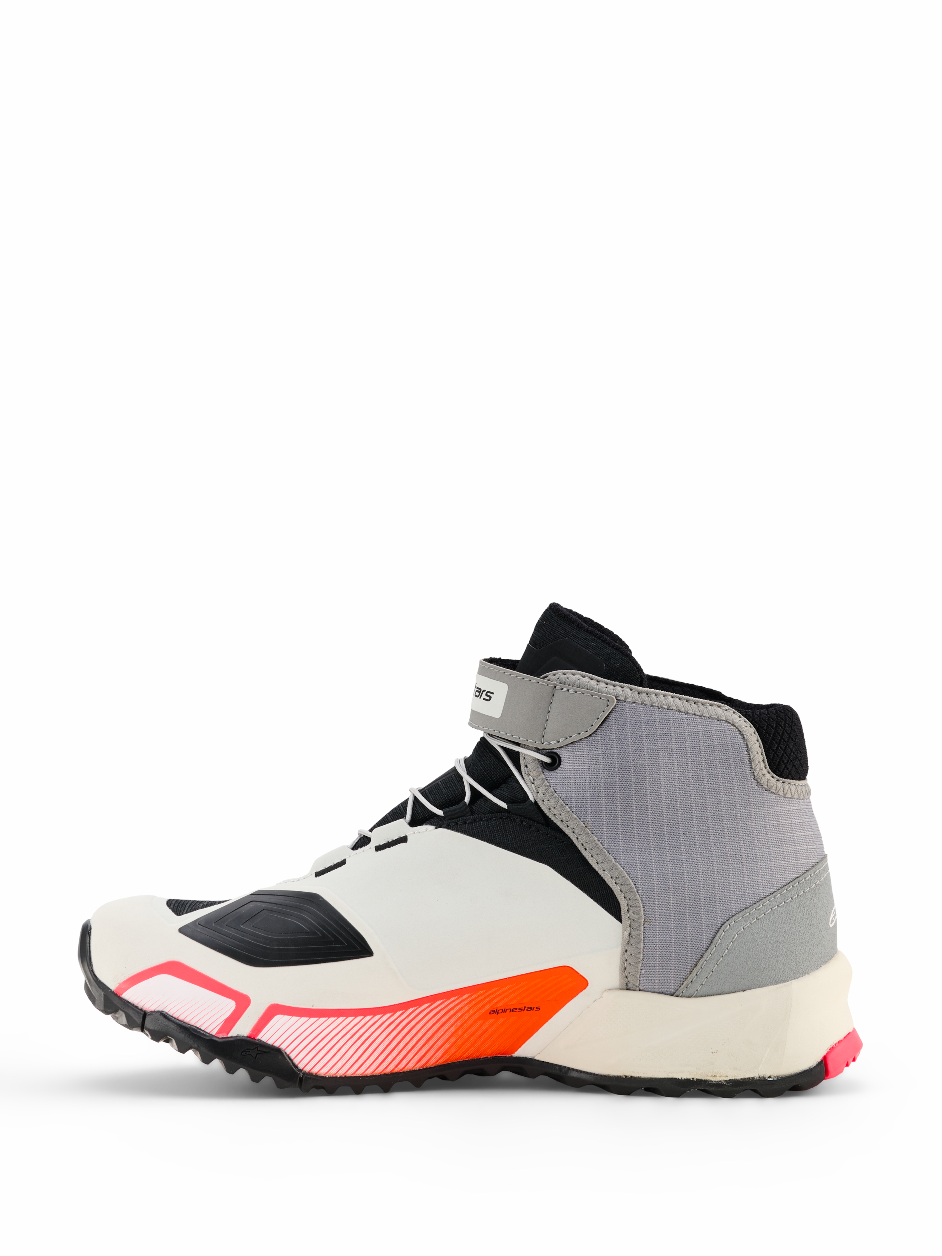 Alpinestars CR-X Dam Drystar® motorcykelskor i vitt, mellangrått, svart och Diva Pink, sidoprofil med en sportig design, vristrem och tjock sula, designade för heldagskomfort vid gång och skydd