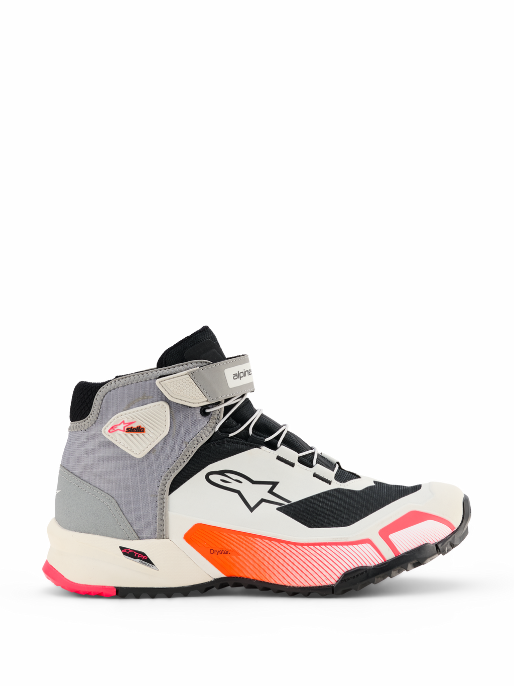 Alpinestars CR-X Women's Drystar ridingskor, mc-sneakers i mid-top-modell i vitt, mellangrått, svart och Diva Pink, sidovy som visar ankelrem, texturerad gummisula och sportig design för stadspendling.