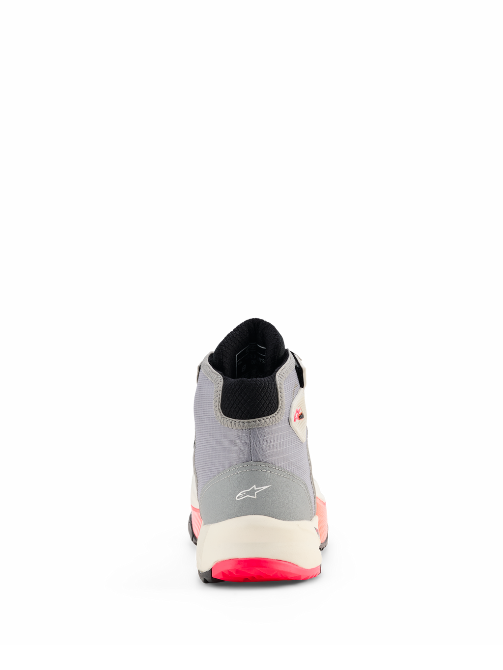 Alpinestars CR-X Dam Drystar® motorcykelskor, vit, mellangrå, svart och Diva Pink, baksida som visar hälkonstruktion med Alpinestars logotyp, vit mellansula och klarrosa detaljer på yttersulan