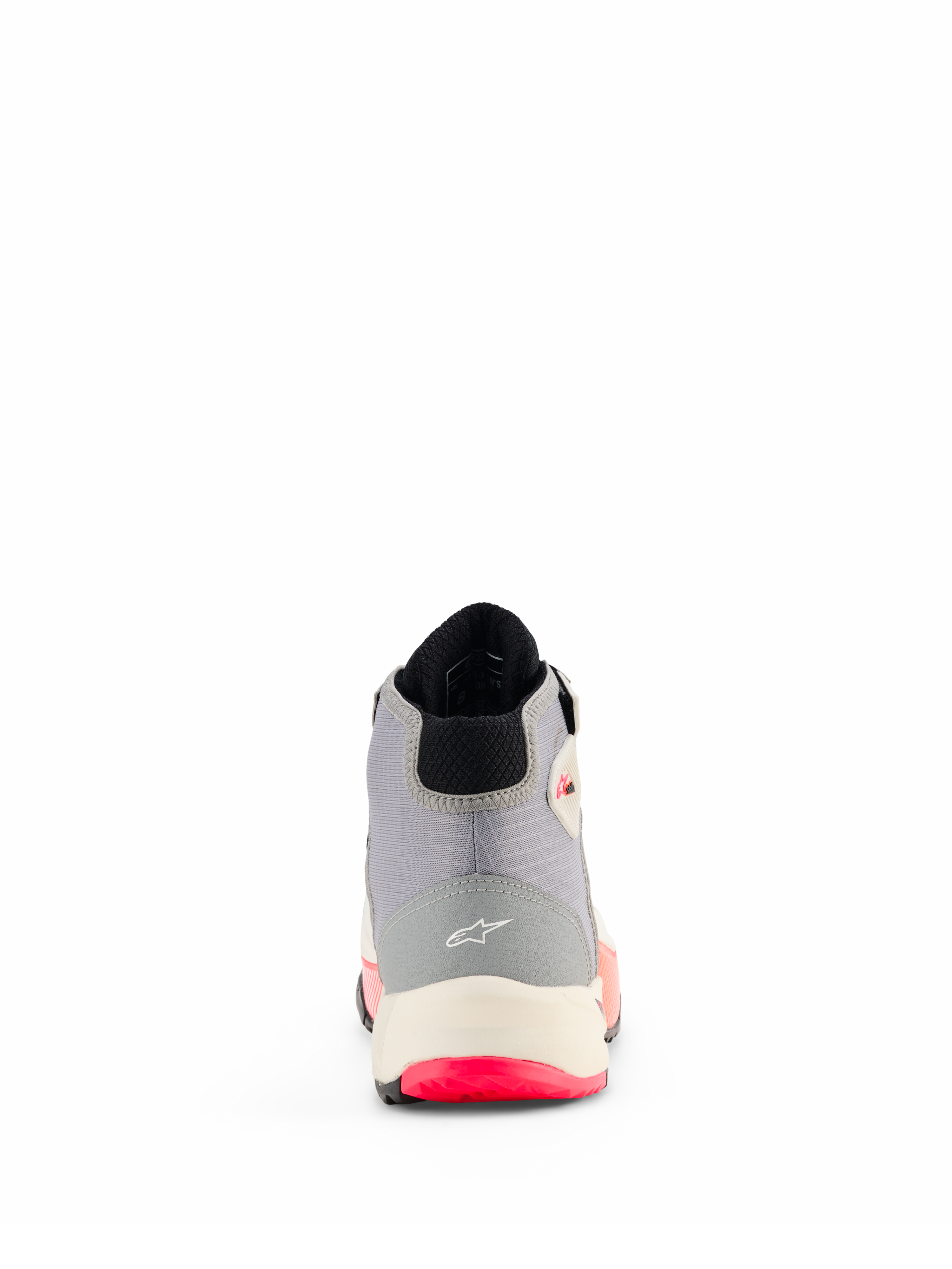 Alpinestars CR-X Dam Drystar® motorcykelskor, vit, mellangrå, svart och Diva Pink, baksida som visar hälkonstruktion med Alpinestars logotyp, vit mellansula och klarrosa detaljer på yttersulan