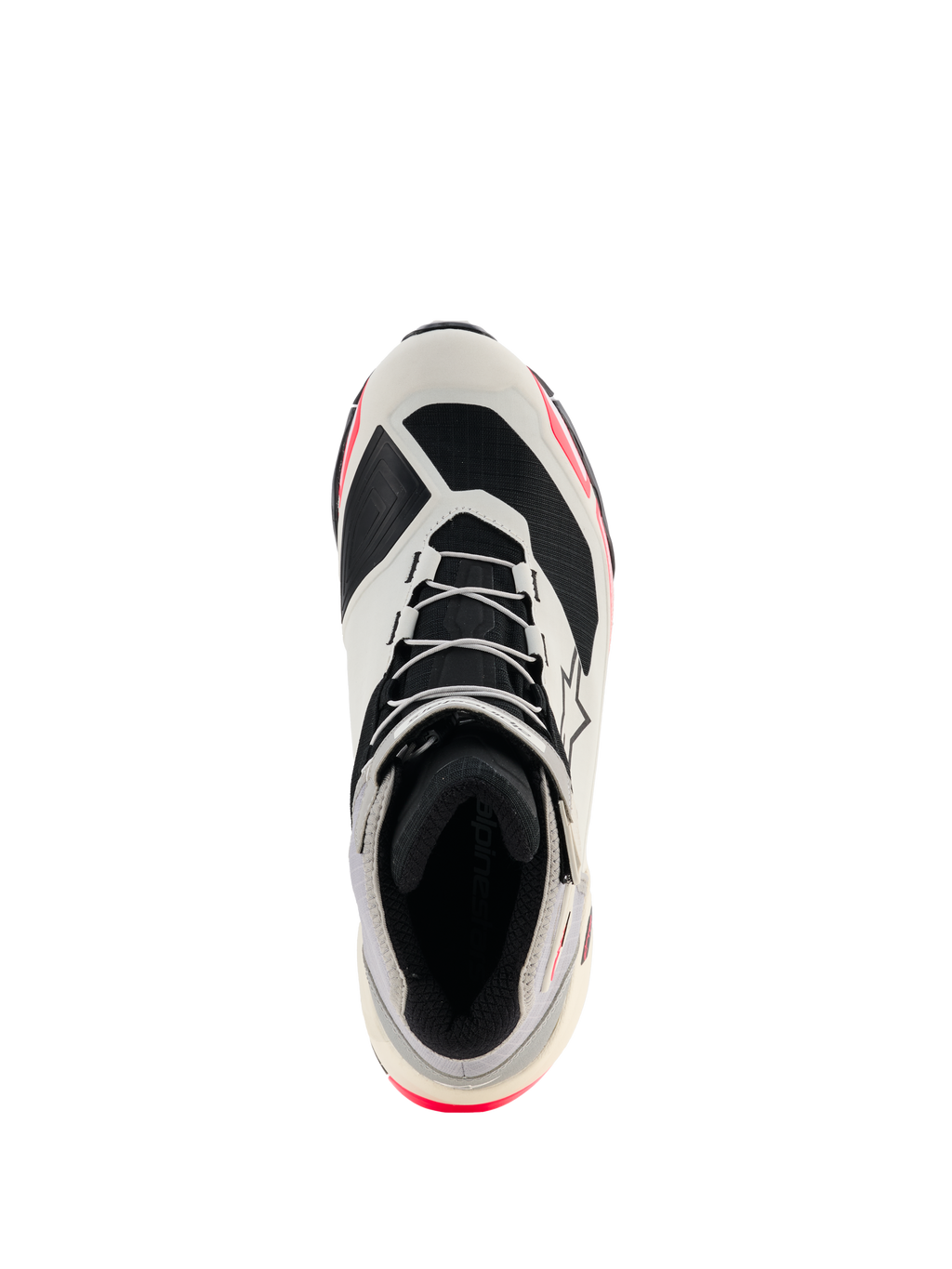 Alpinestars CR-X Drystar® körskor för dam, vit, mellangrå, svart och Diva Pink, vy uppifrån som framhäver snörningen och det inre fodret, atletisk löparskoinspirerad design med rosa detaljer, vattentäta motorcykelskor
