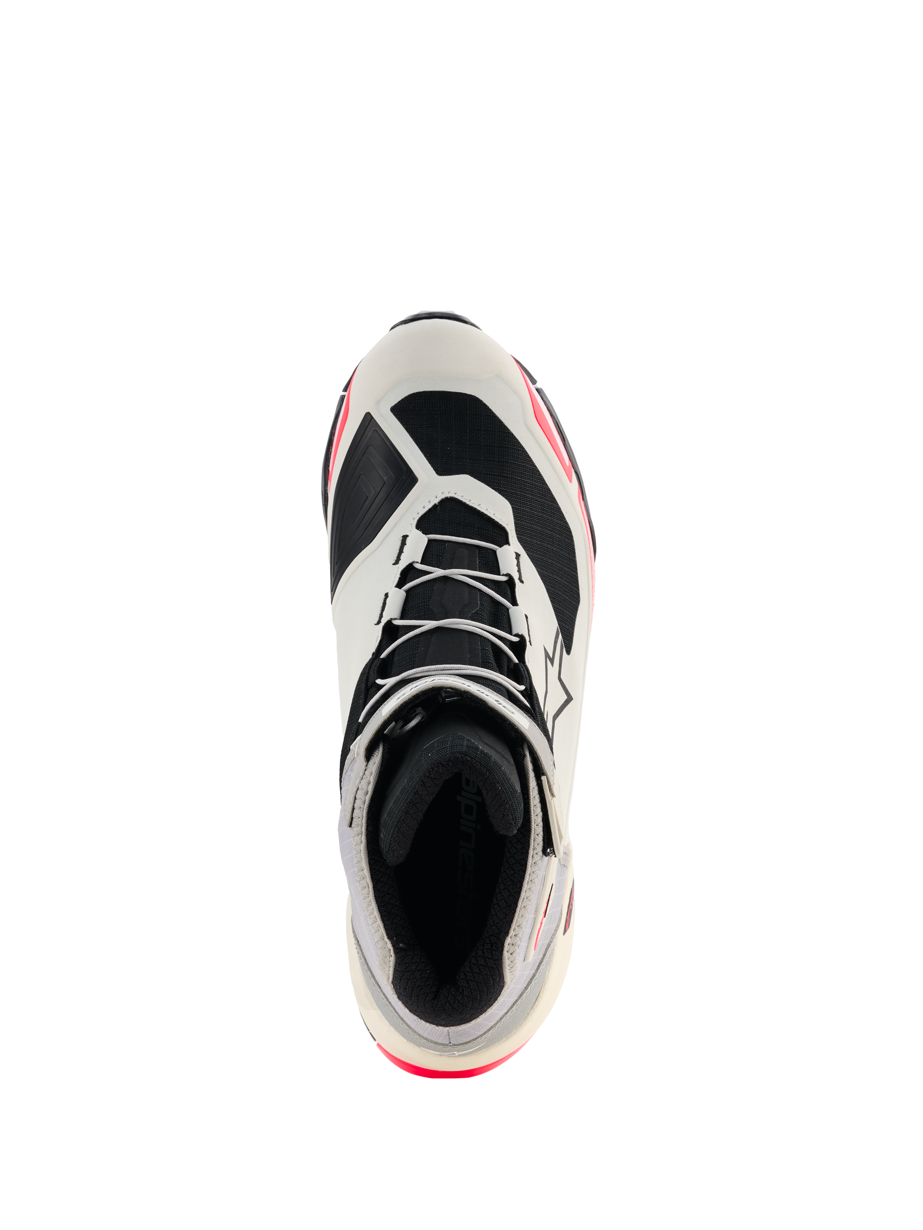 Alpinestars CR-X Drystar® körskor för dam, vit, mellangrå, svart och Diva Pink, vy uppifrån som framhäver snörningen och det inre fodret, atletisk löparskoinspirerad design med rosa detaljer, vattentäta motorcykelskor