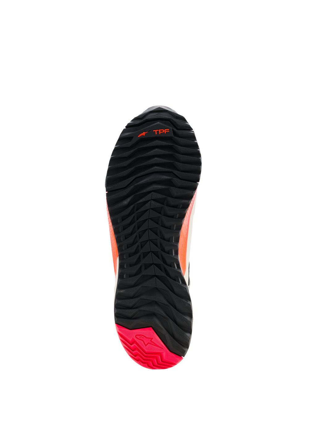 Alpinestars CR-X Dam Drystar® motorcykelskor, vy av yttersulan, svart med Diva Pink-häl, rejält mönster med asymmetriskt dobbsystem, flexspår i framfoten och TPF-logotyp