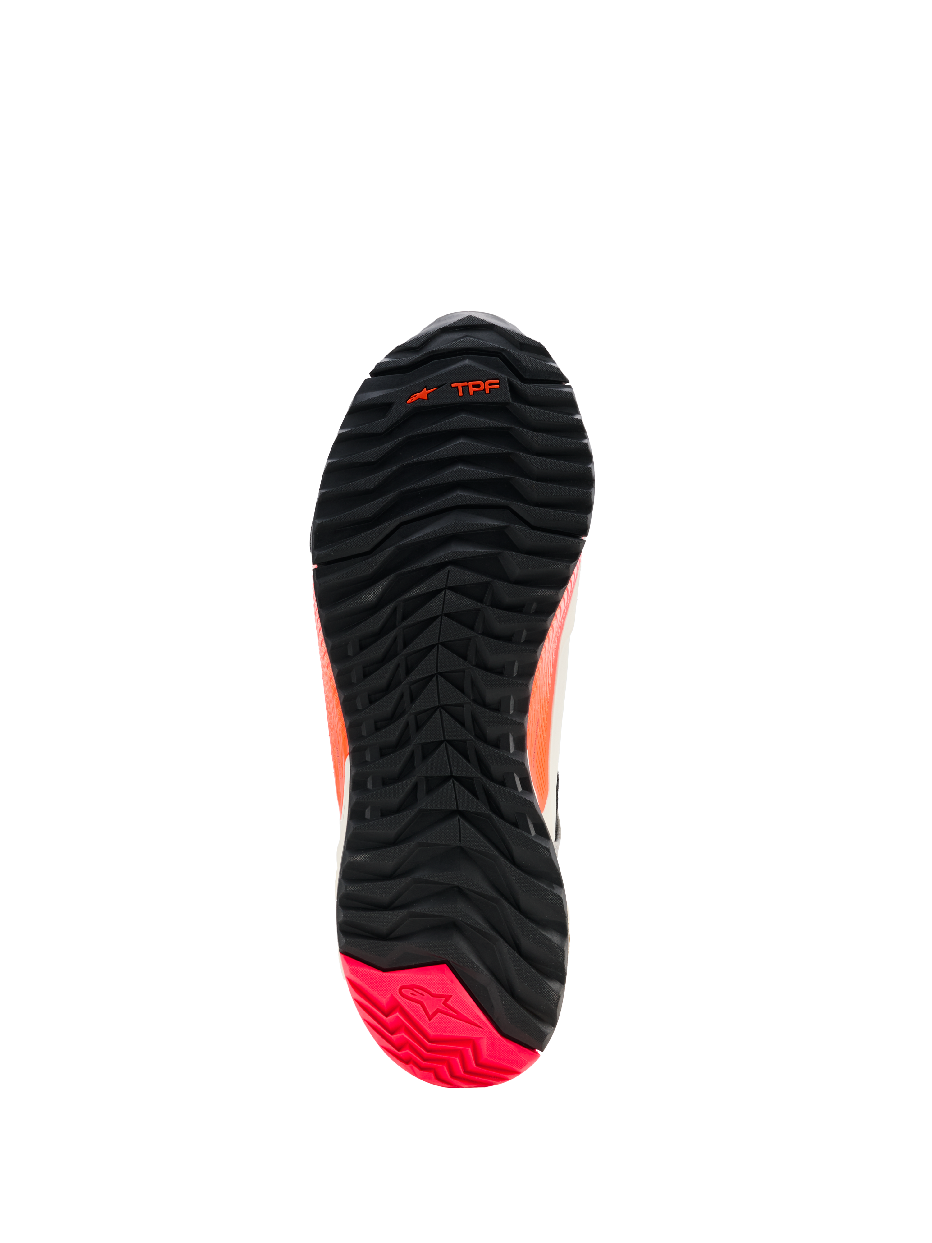 Alpinestars CR-X Dam Drystar® motorcykelskor, vy av yttersulan, svart med Diva Pink-häl, rejält mönster med asymmetriskt dobbsystem, flexspår i framfoten och TPF-logotyp