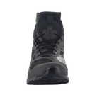 Alpinestars CR-1 Shoes, Motorcycle Riding Shoes, Black and Dark Gray, front-facing view showing breathable 3D mesh and microfiber construction, lace-up design with a sleek athletic profile