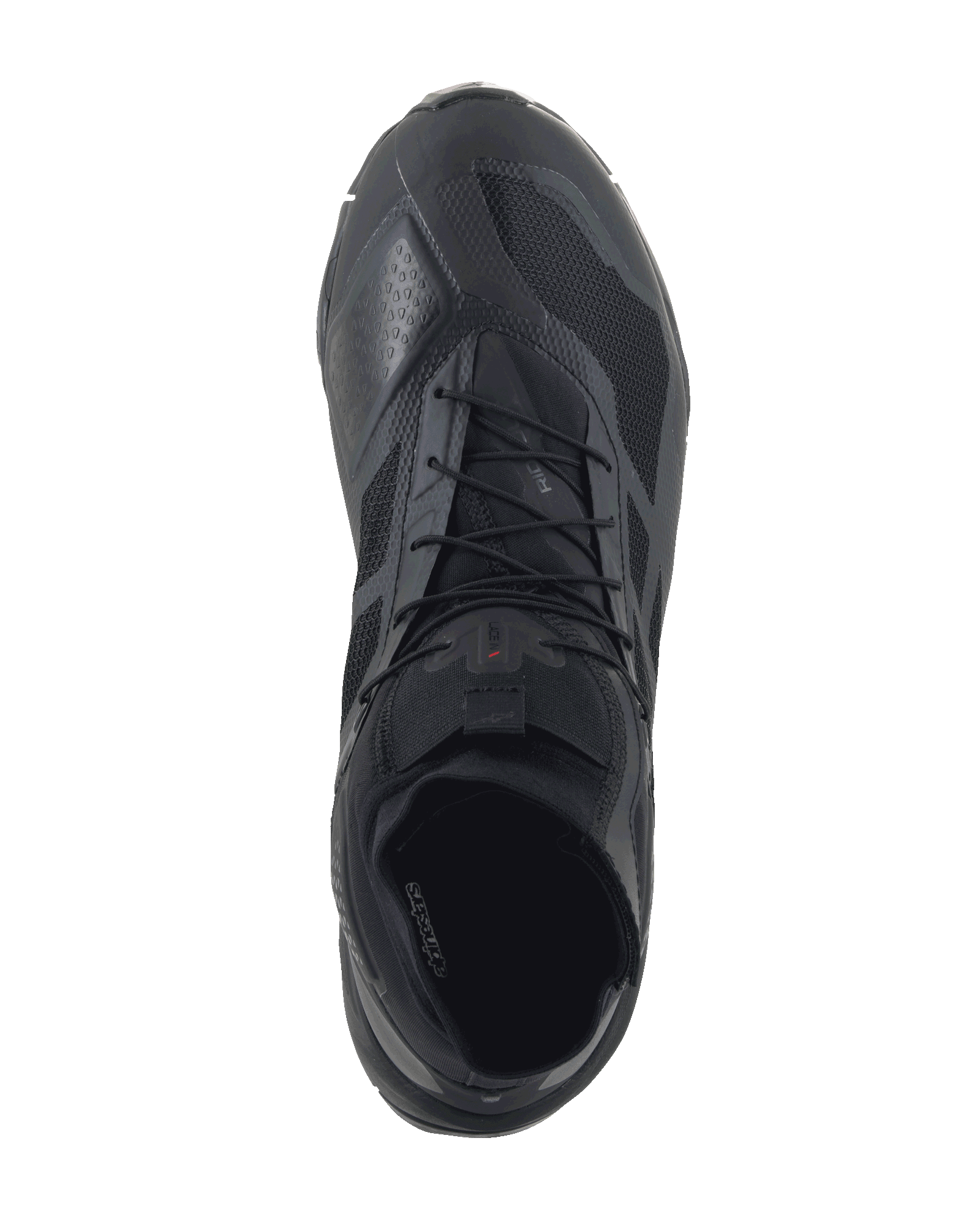 Alpinestars CR-1 Shoes, Motorcycle Riding Shoes, Black and Dark Gray, top-down view featuring breathable 3D mesh and microfiber construction, lacing system, designed for warm weather road and sport riding