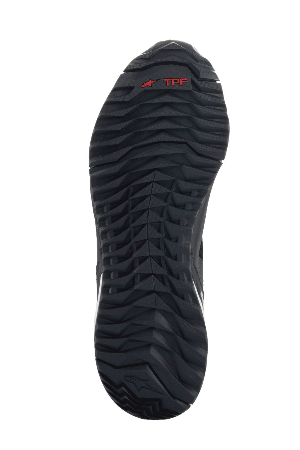 Alpinestars CR-1 Shoes, Black and White, bottom view showing the textured black sole with a red TPF logo and deep tread pattern for motorcycle riding grip.