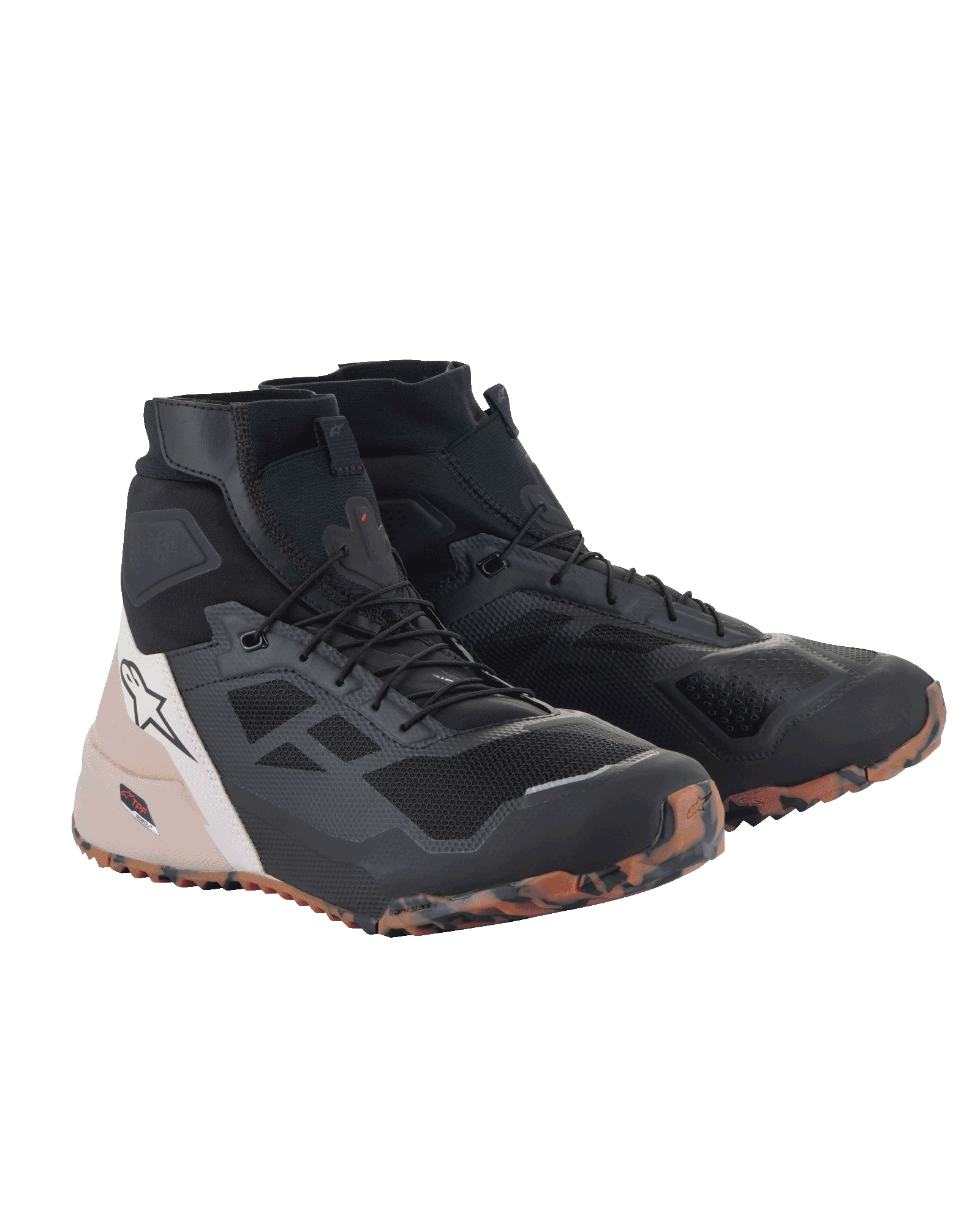 Alpinestars CR-1 Shoes, Black and Light Brown motorcycle riding shoes, high-top design with 3D mesh and microfiber construction, multicolored orange and brown camouflage sole, white star logo on the heel, technical urban footwear for touring and sport riding