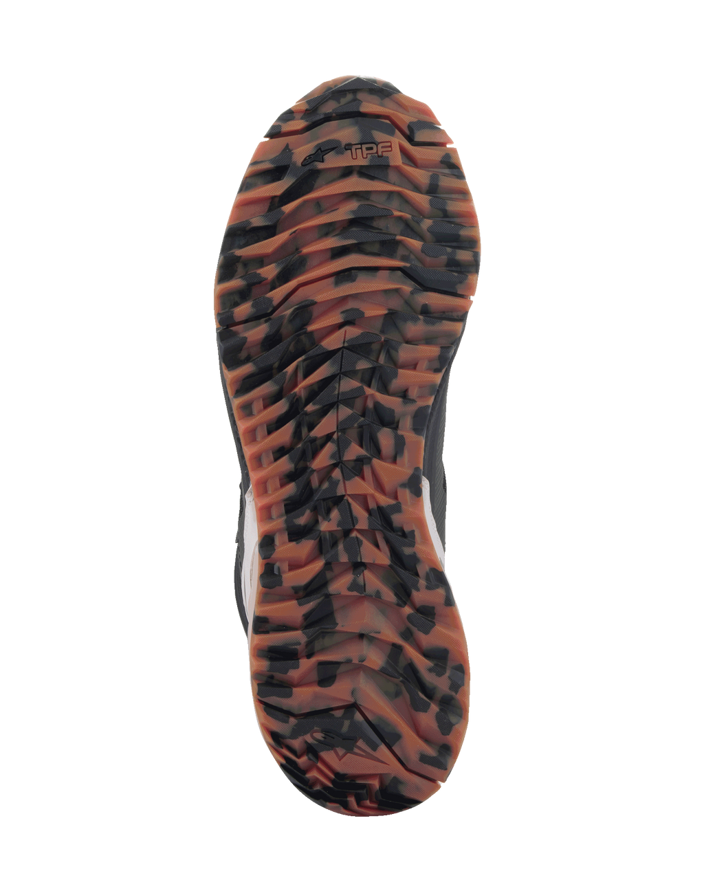Alpinestars CR-1 Shoes, Motorcycle Riding Shoes, Black and Light Brown, sole view with marbled camouflage pattern, rugged tread for grip, TPF branding, technical footwear for touring and sport riding
