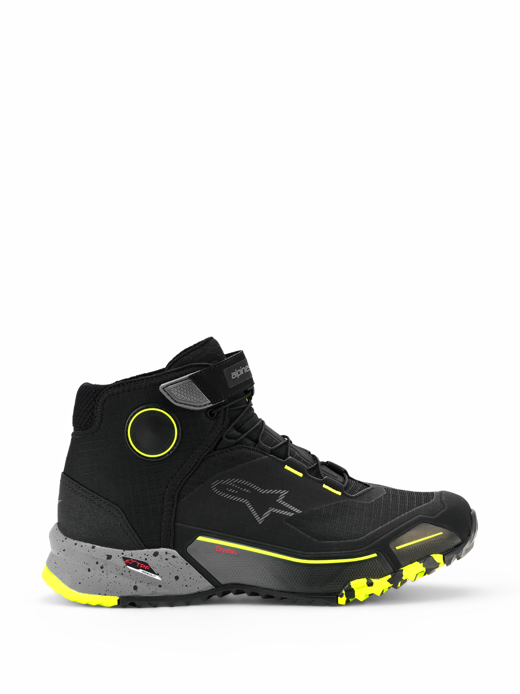 Alpinestars CR-X Drystar ridingskor, urbana motorcykelsneakers i hög modell, svarta med mörkgrå melerad mellansula och neongula detaljer, vattentätt Drystar-membran, robust mönstrad sula, skyddande MC-skor för vardagsbruk