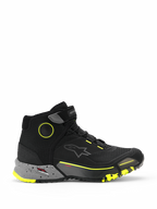 Alpinestars CR-X Drystar ridingskor, urbana motorcykelsneakers i hög modell, svarta med mörkgrå melerad mellansula och neongula detaljer, vattentätt Drystar-membran, robust mönstrad sula, skyddande MC-skor för vardagsbruk