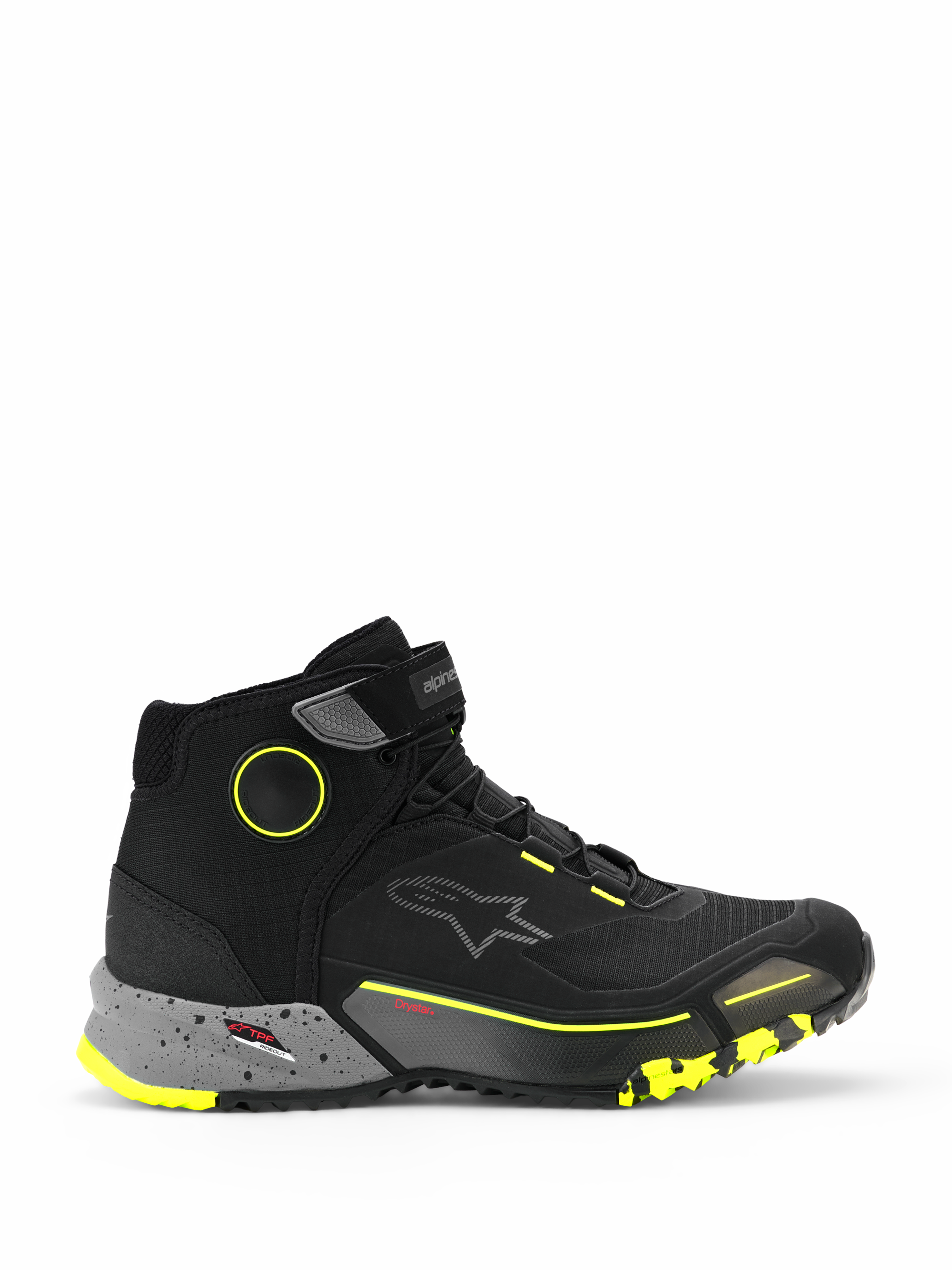Alpinestars CR-X Drystar ridingskor, urbana motorcykelsneakers i hög modell, svarta med mörkgrå melerad mellansula och neongula detaljer, vattentätt Drystar-membran, robust mönstrad sula, skyddande MC-skor för vardagsbruk
